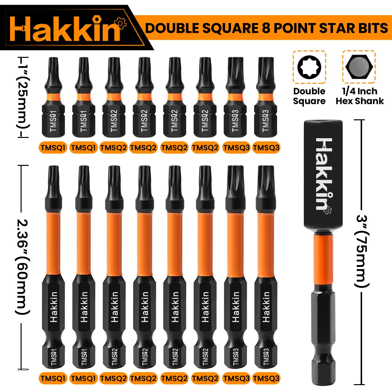 Double Square 8 Point Star Bit Set Hakkin 17Pcs S2 Steel 8 Spline Double Square Fastener Drive Bit Set Size #1, #2 - Image 2
