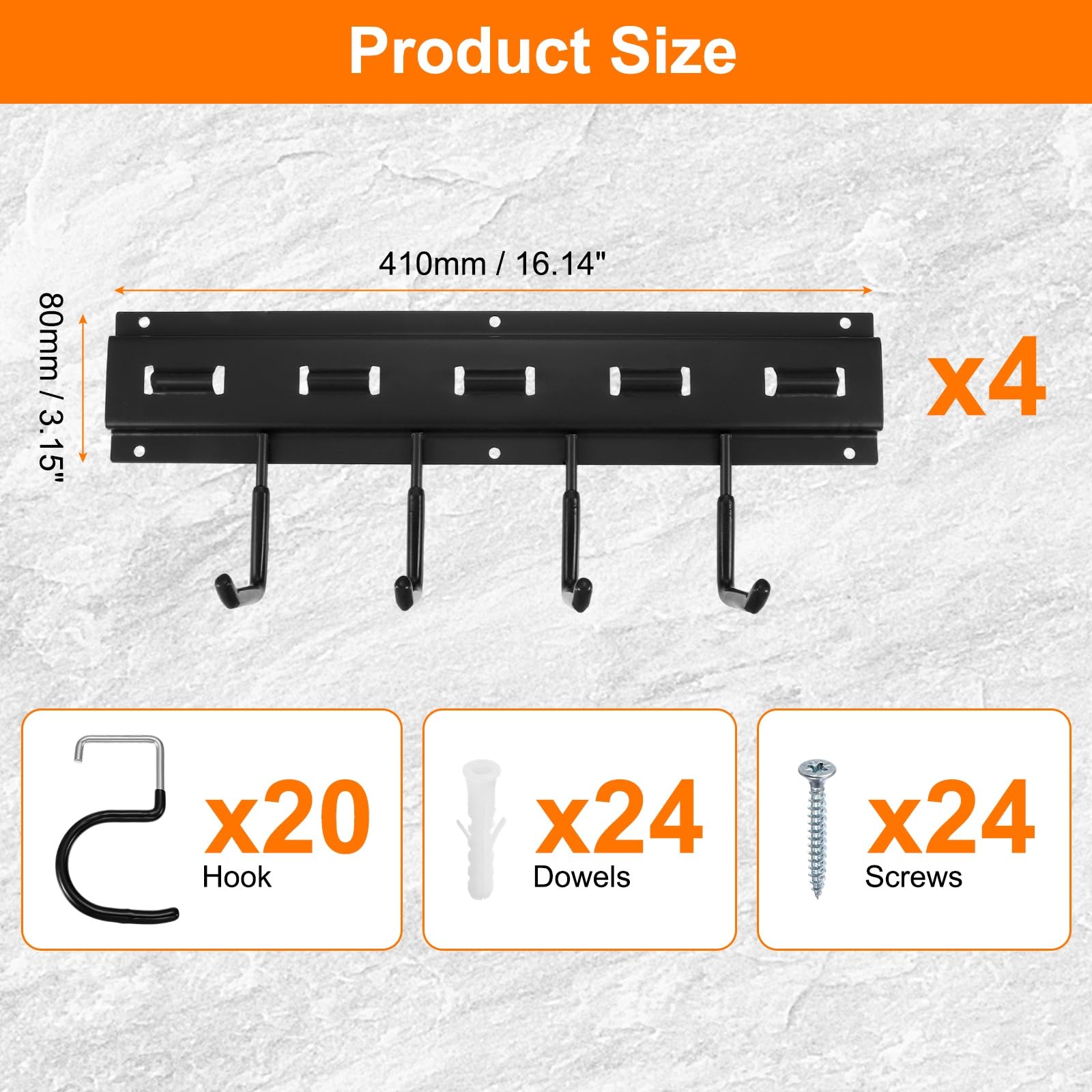 QUARKZMAN Portaherramientas de Jardín Kit, Soporte Metálico de Pared Empalmable con Ganchos Negro para Herramientas Colgador para Escobas Fregonas Sótano Garaje, 164cm Largo Total