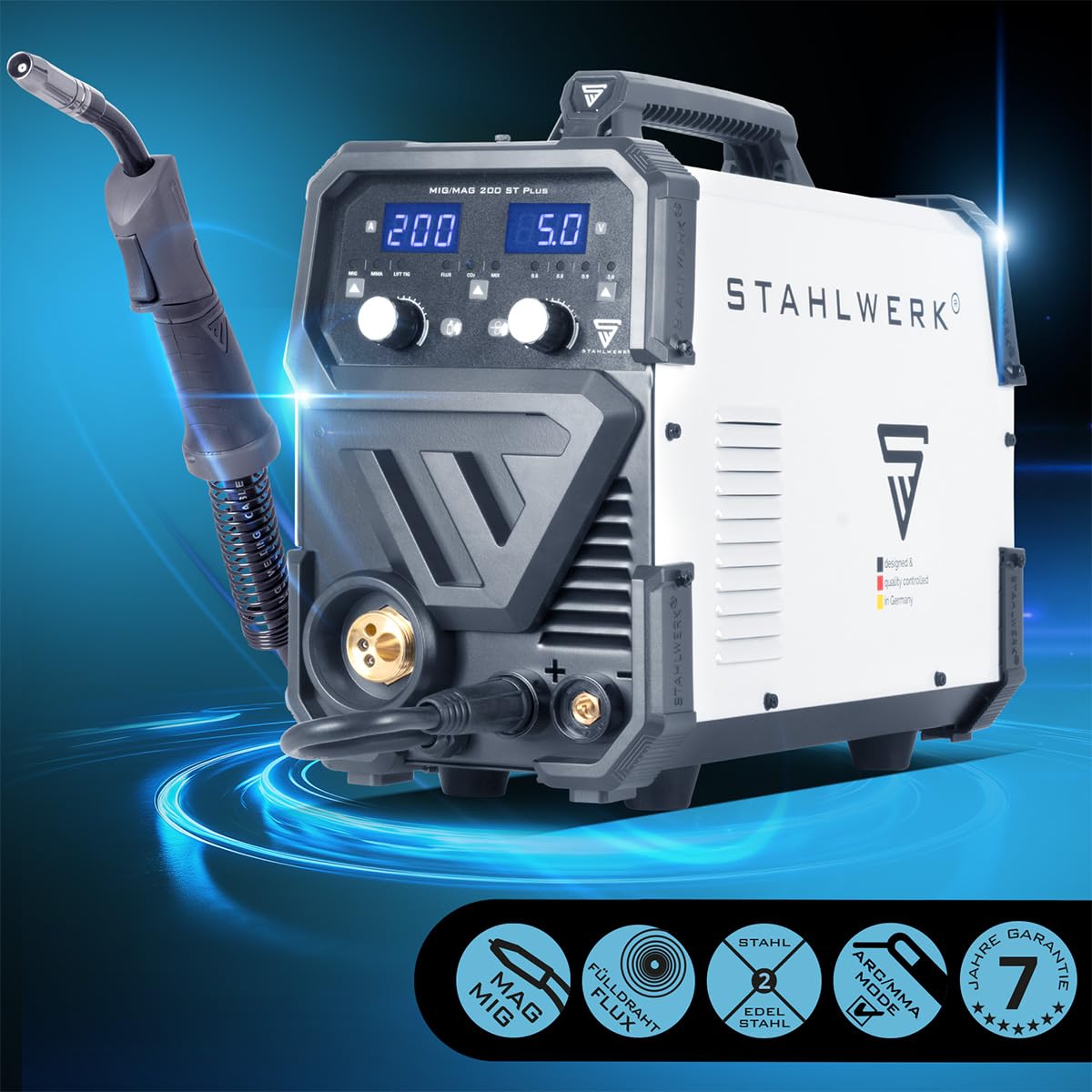 STAHLWERK Schutzgasschweißgerät MIG/MAG 200 ST – IGBT-Inverter mit 200 A und synergischem Drahtvorschub, FLUX (Fülldraht) geeignet, Lift-TIG & MMA (E-Hand/ARC) funktionsfähig