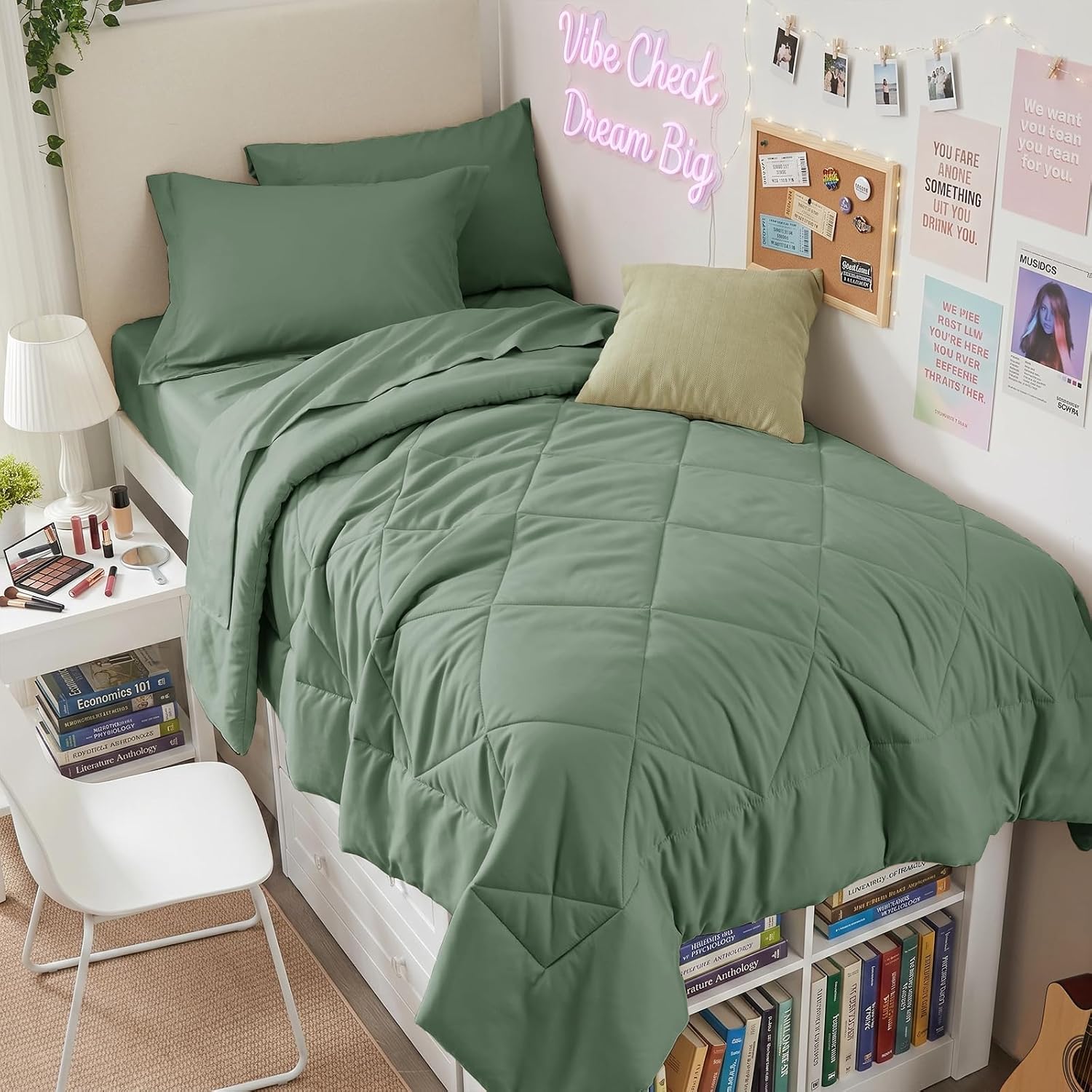 HEVUMYI Sage Green Twin Comforter Set - 5-Piece All Season Bed in a Bag Twin, Ultra Soft Bedding Set with Comforter, Flat Sheet, Fitted Sheet, Pillowcases, Pillow Shams, Sage Green