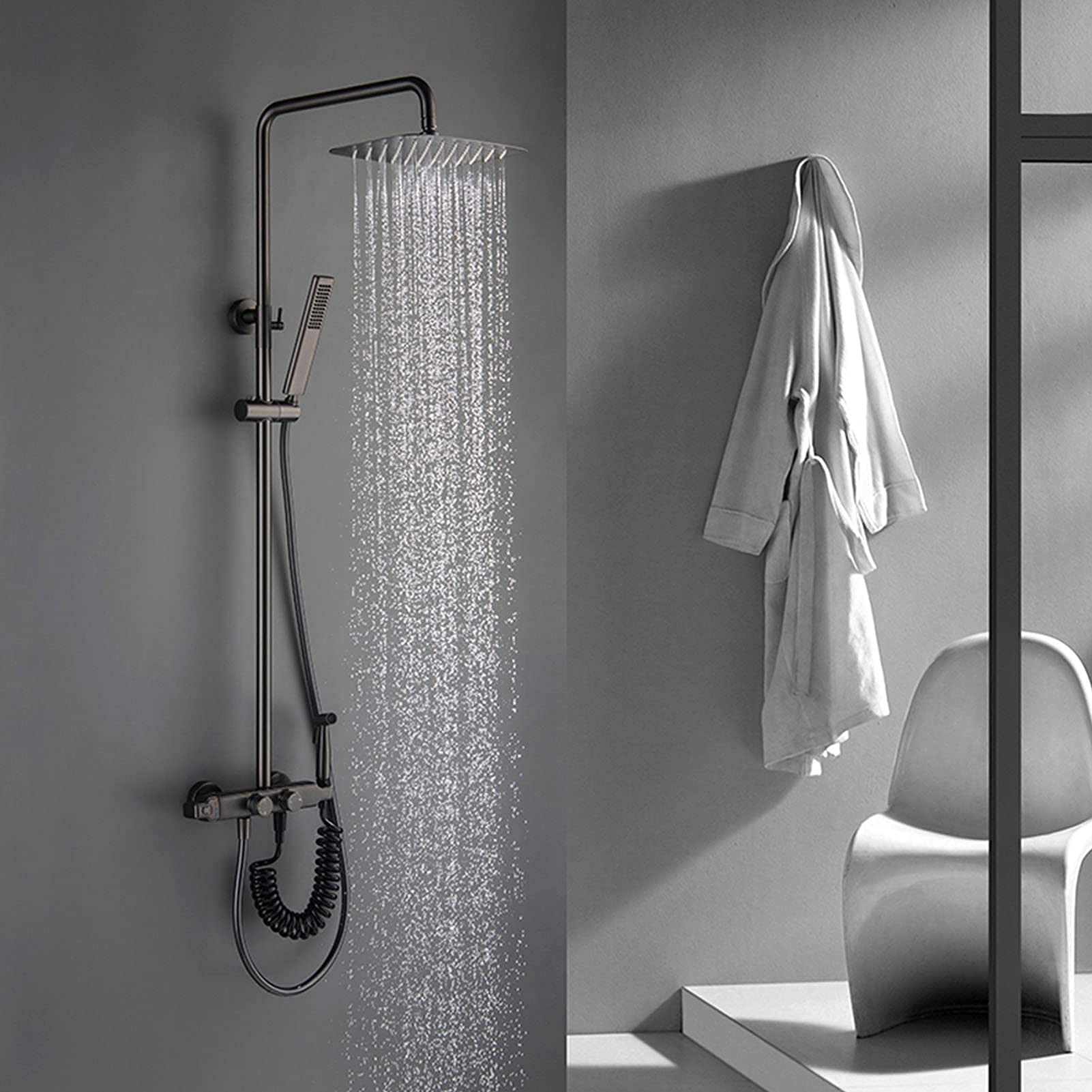 QUSYZD Shower Faucet Set, Luxury Rainfall Shower Head with Handheld Spray, Bidet Sprayer, Wall Mounted Thermostatic Bathtub Faucet Set, Solid Brass,Gray,Chrome Gold,Gray