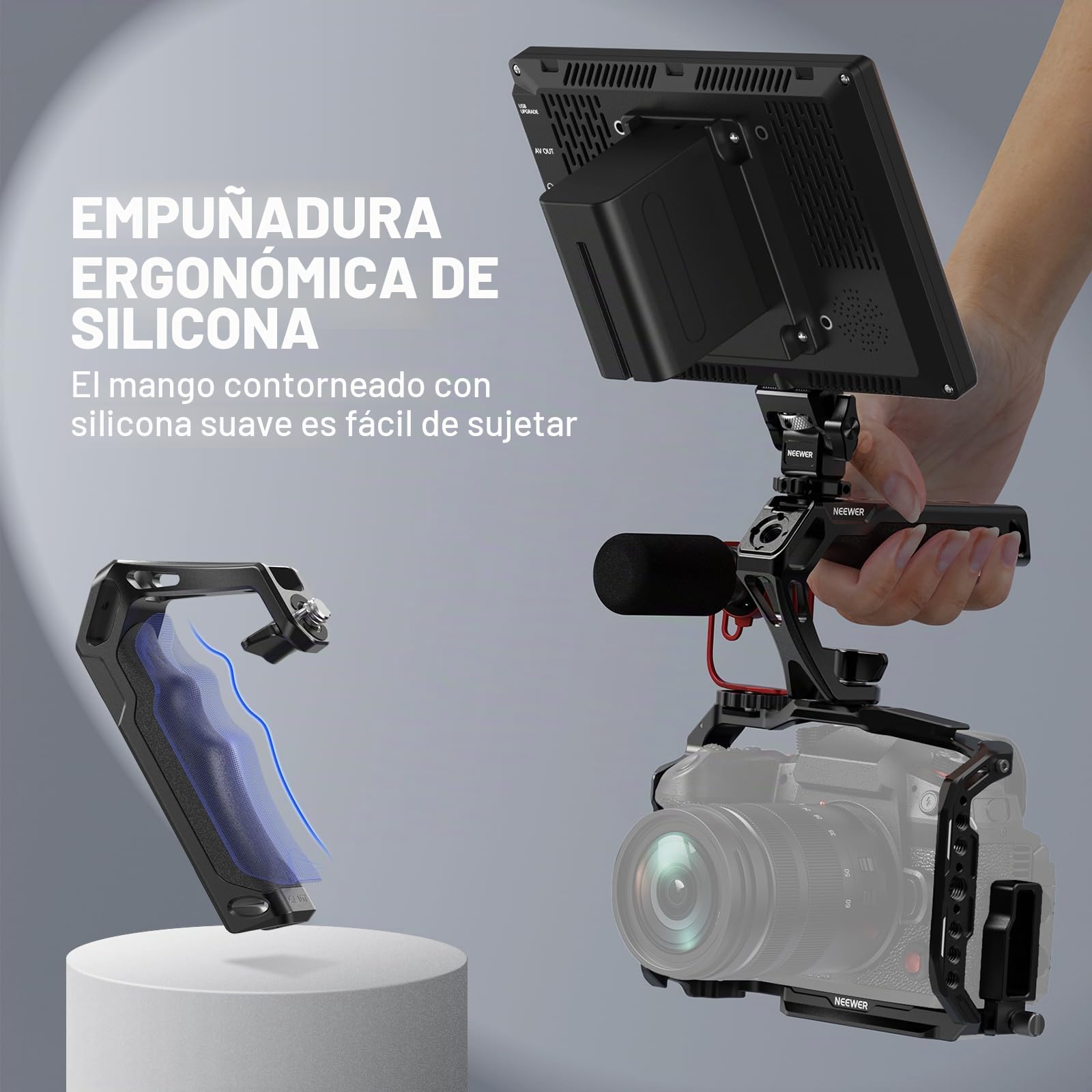 NEEWER Mango superior de cámara con tornillo de ala de 3/8 pulgadas y pasadores de localización para ARRI, agarre de silicona antideslizante con roscas de 1/4 y 3/8 pulgadas, zapatos fríos, compatible