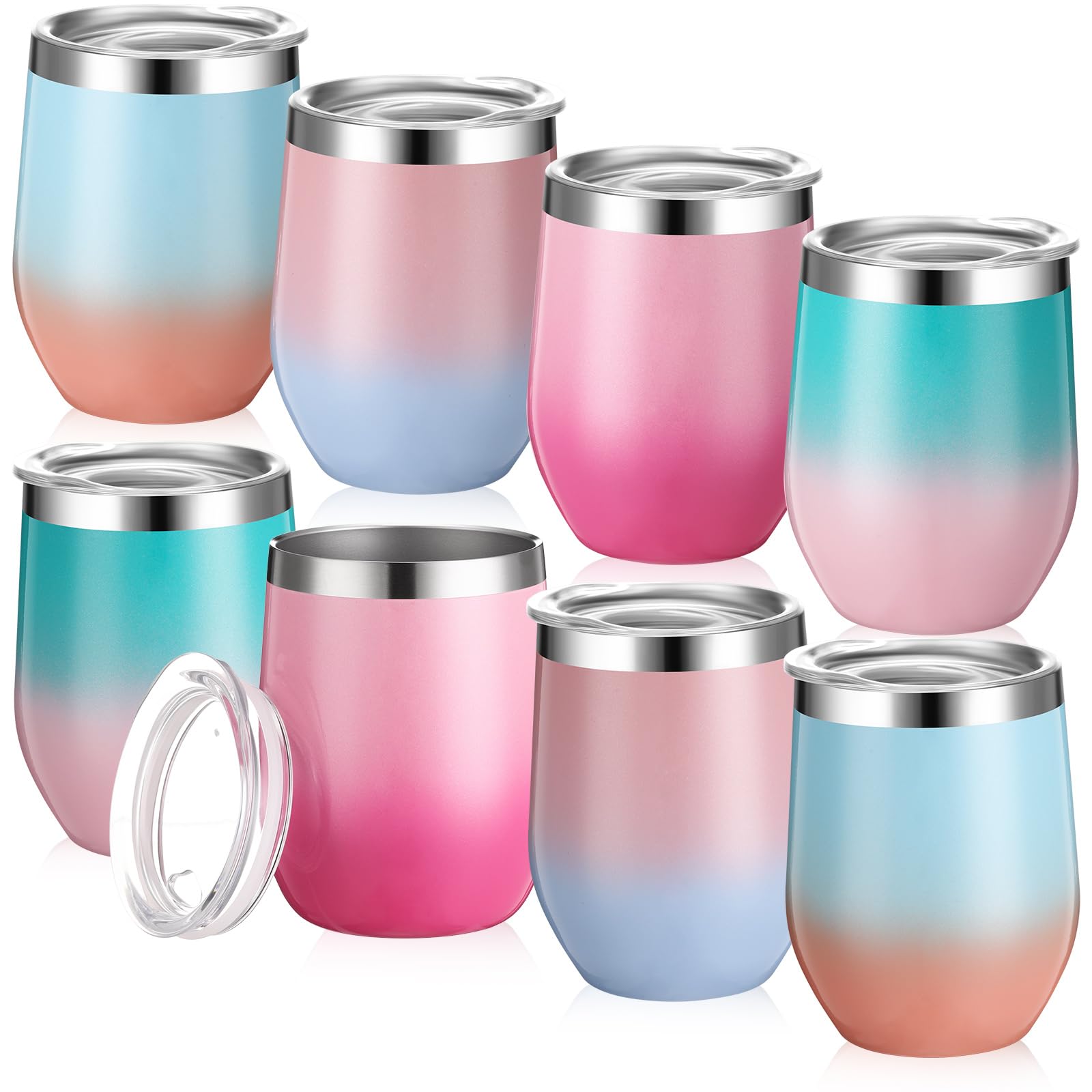 Baderke Weingläser mit Deckel, 340 ml, Edelstahl, Weingläser für Damen, wiederverwendbar, doppellagig, Reisebecher für Kaffee, Cocktails, Getränke, Farbverlauf, mehrfarbig, 8 Stück