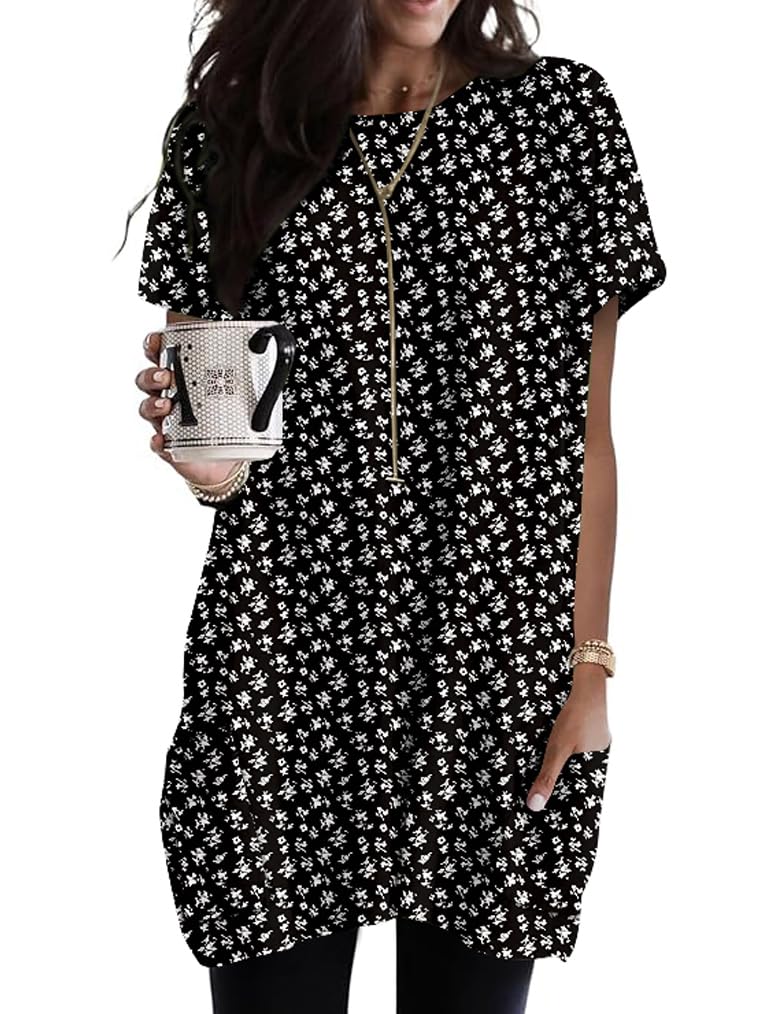 Poetsky Summer Womens Tunic Tops for Leggings with Pockets Short Sleeve Casual Long T Shirts