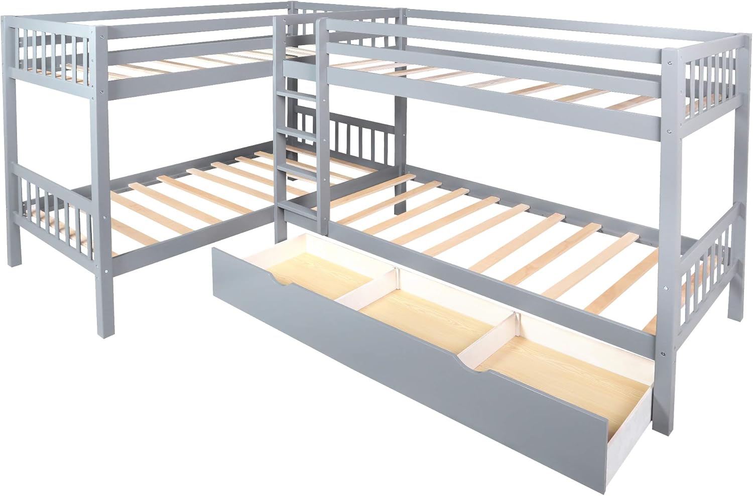 Flieks Four Bunk Bed Twin-Over-Twin-Over-Twin-Over-Twin L Shaped Bunk Bed with 3 Drawers, Bunk Bed Can be Divided into 2 L-Shaped Beds for Accommodating 4, Family, Teens, No Box Spring Needed