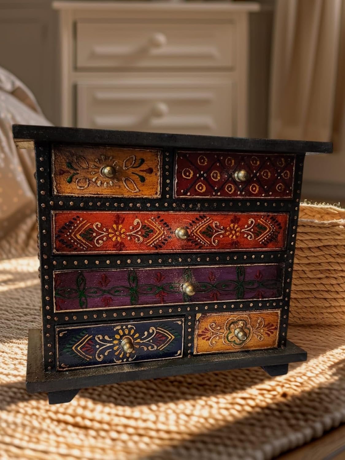 Small Wooden Hand Painted Drawer Ethnic Chest of Drawers Jewellery Box Wooden Box Trinket Box Girl's Gift Boho Style New
