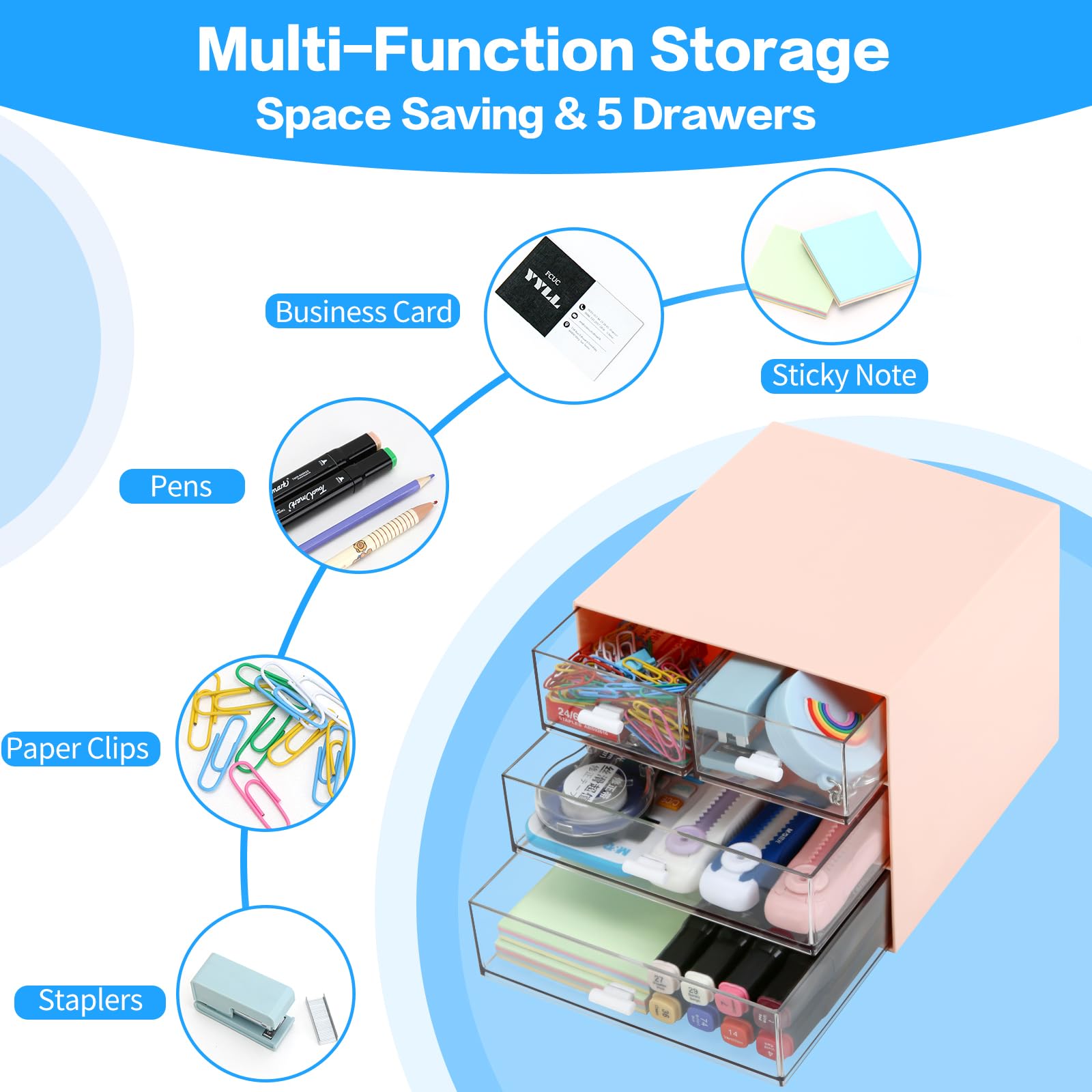 LETURE Schreibtisch-Organizer mit 4 Schubladen, transparente Kunststoff-Schreibtisch-Aufbewahrungsbox, Schreibtisch-Organisation für Bürobedarf, Gelstifte, Bleistifte, Marker, Klebeband, Radiergummis,