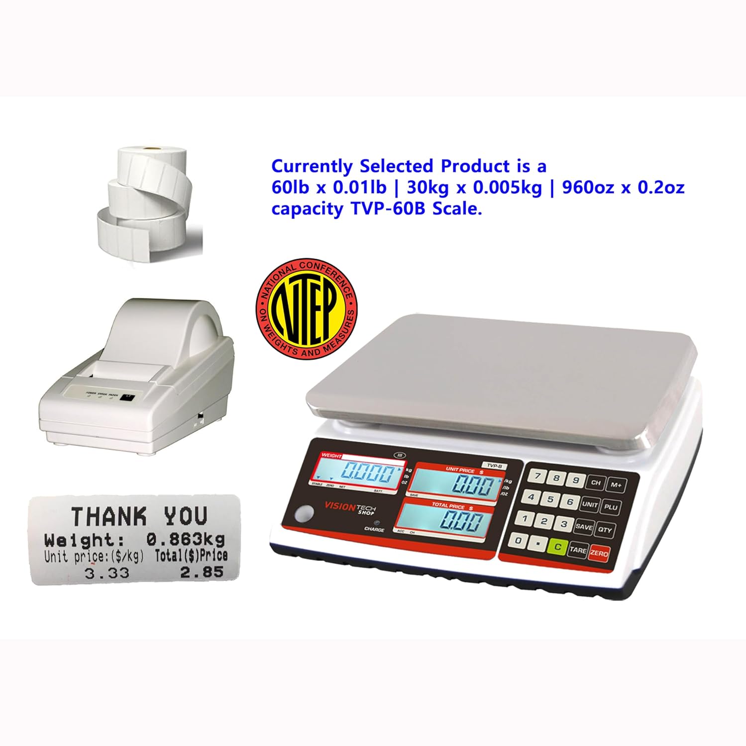 VisionTechShop TVP-60B Price Computing Scale, Lb/Oz/Kg Switchable, 60lb Capacity, 0.01lb Readability, NTEP Legal for Trade, NSF Certified LP-50 Thermal Label Printer, 1 Case of Labels LST8060 - Image 3