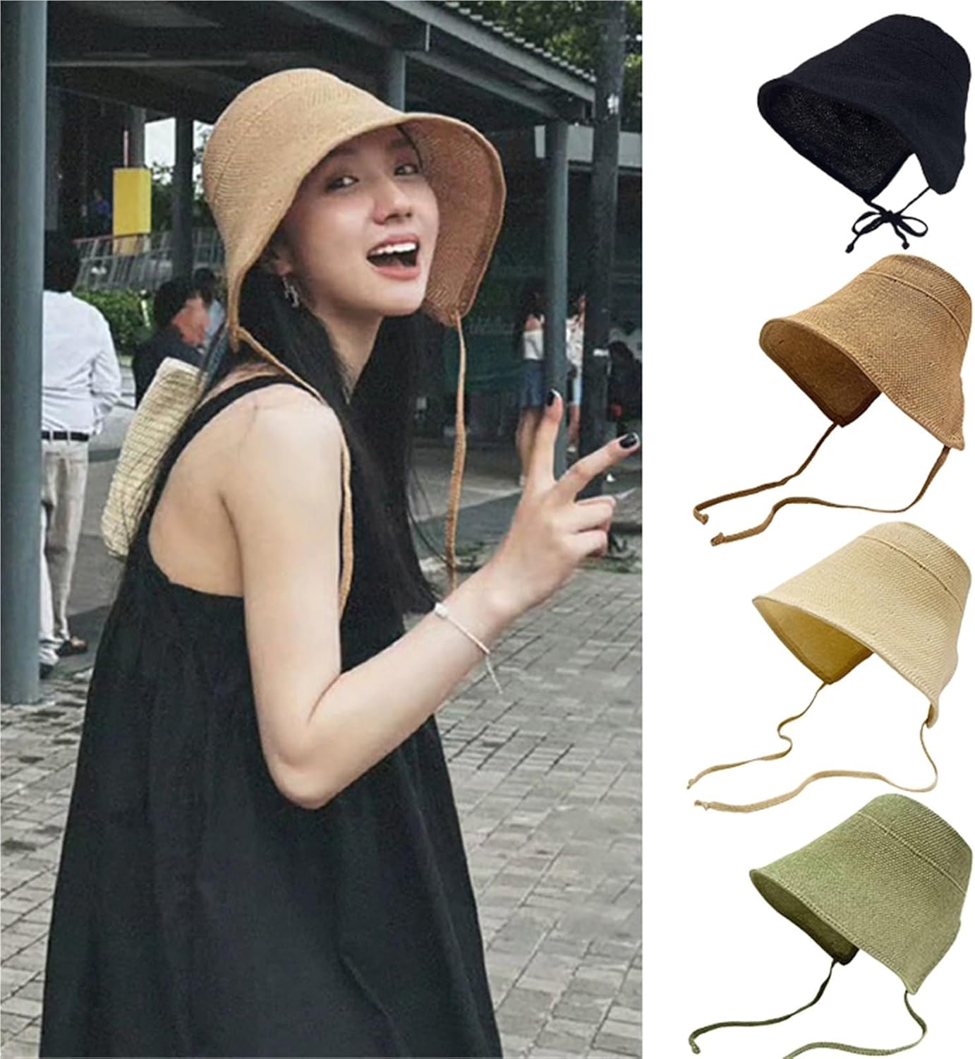 Linen Straw Bonnets Hats For Women Sun Beach Cap Big Wide Brim Clo