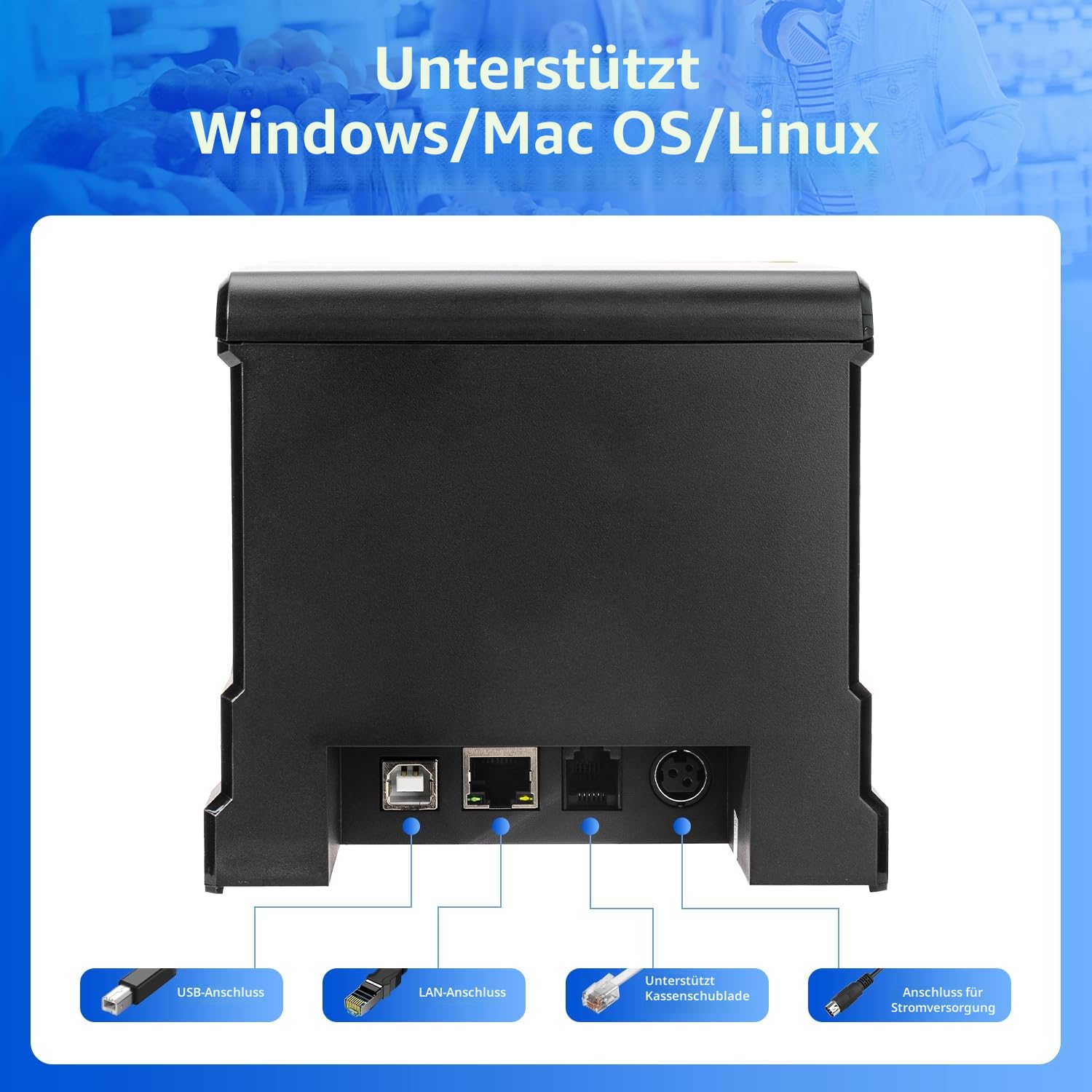 NetumScan 80 mm POS-Quittungsdrucker, 300 mm/s, USB-Thermo-Belegdrucker mit Auto-Cutter-Kassenschublade, USB-Ethernet-Schnittstelle, unterstützt Windows/Mac/Linux, Restaurant-Küchendrucker für ESC/POS