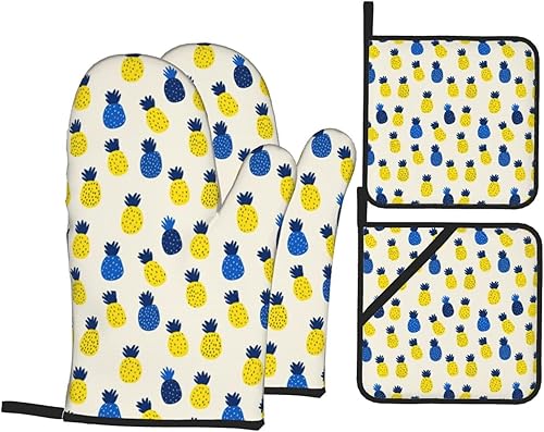 Miniatura 108 de Manoplas de horno y soportes para ollas, arte de mármol blanco y dorado, juego de 4 guantes de cocina resistentes al calor, antideslizantes