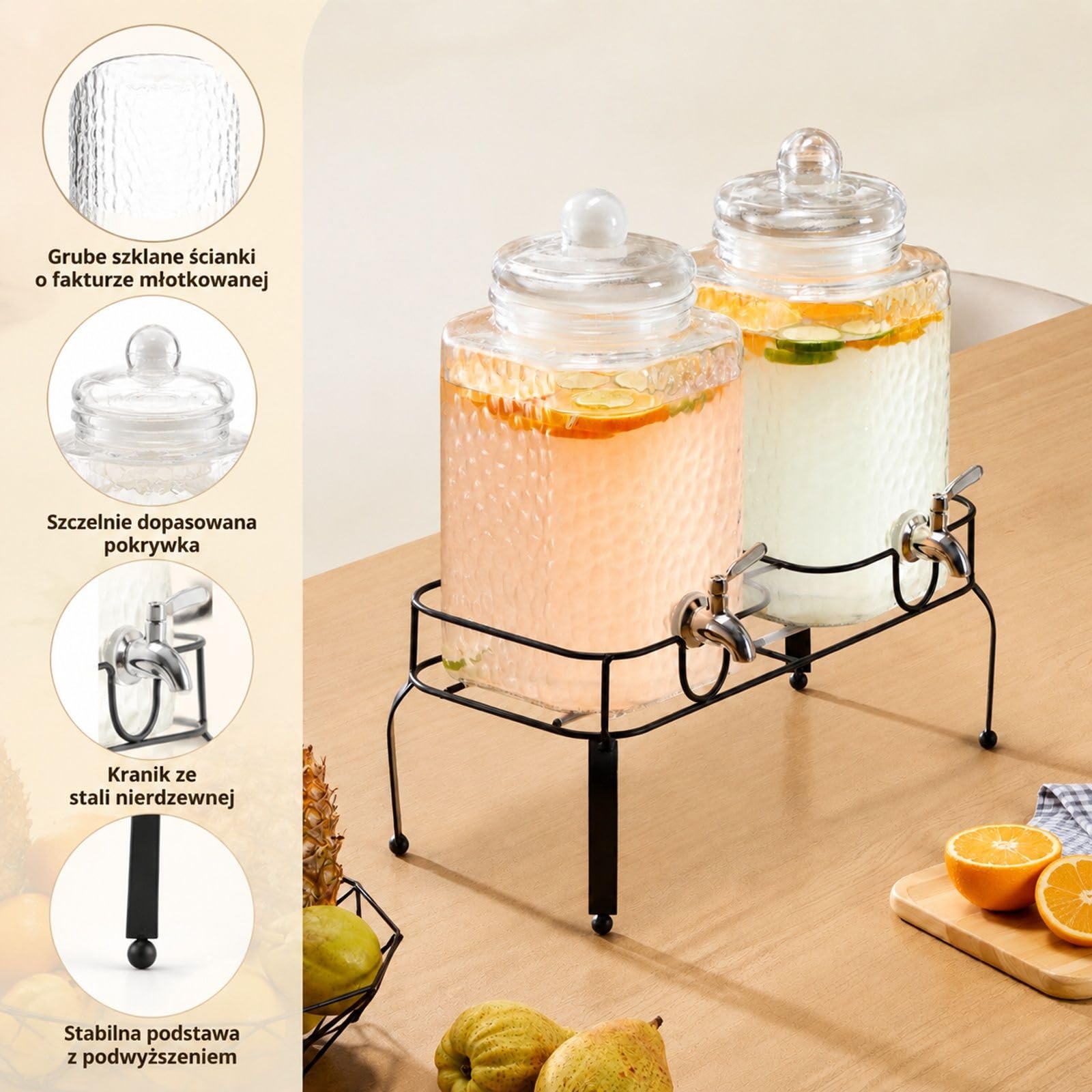 Dystrybutor napojów, 2 x 5,5 l szklane pojemniki z kranem, przezroczysty podwójny cylinder na metalowej podstawie do soku, lemoniady, imprez, barów i restauracji