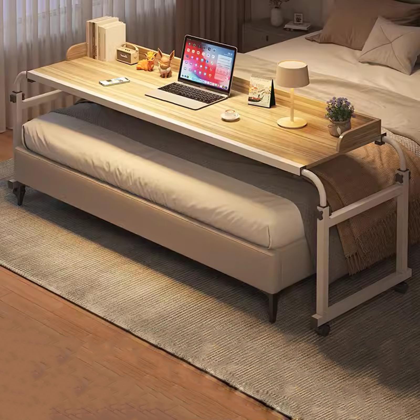 ZHFASDS Overbed Table With Wheels，Bedside Table Adjustable Height And Length Standing Workstation Food Tray Laptop Bed Table Standing Over Bed Table King Size(Color:Wood)