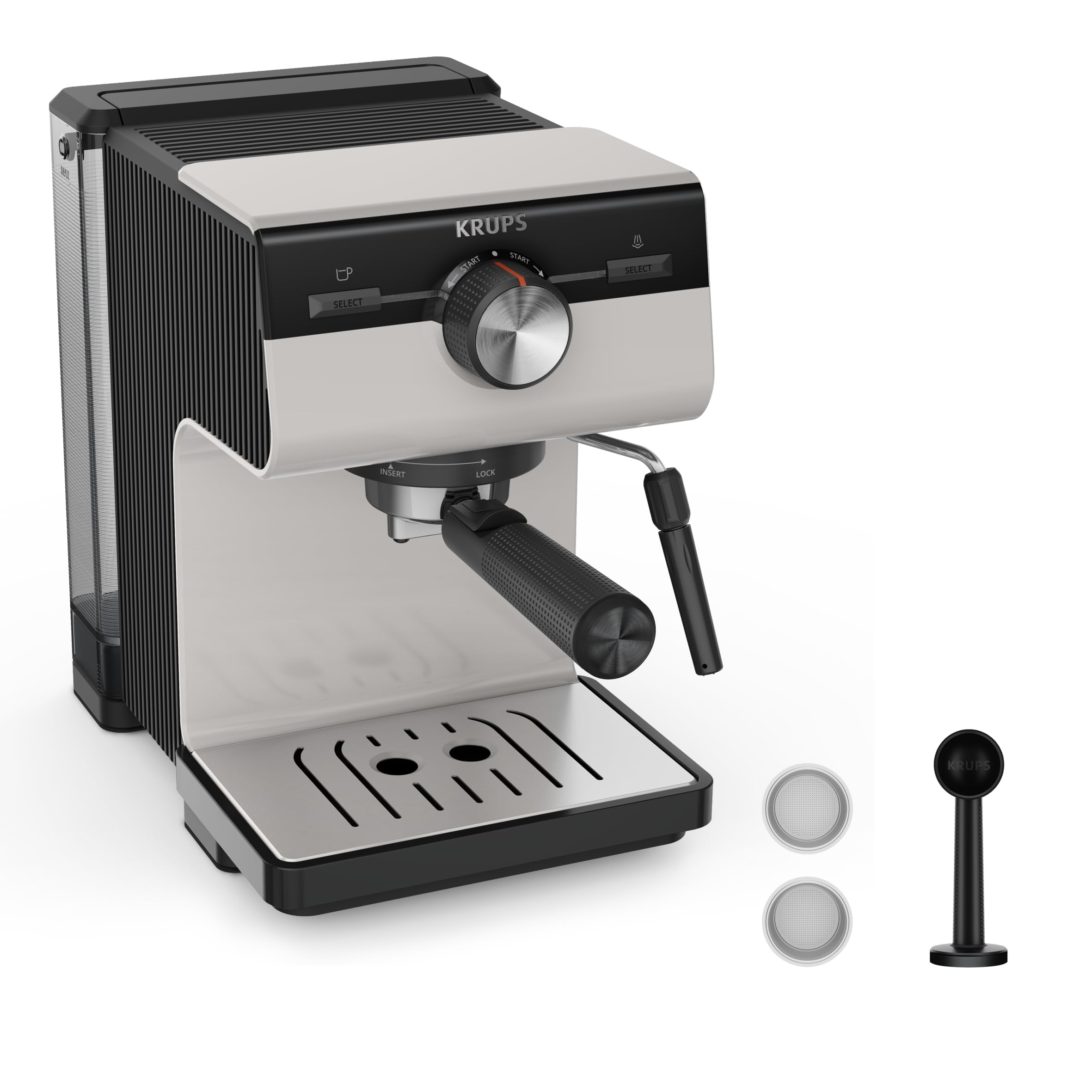 KRUPS XP381B10 Authentic ekspres do kawy, 15 bar, intuicyjna obsługa, system Thermoblock, zintegrowana dysza parowa, łatwe opróżnianie kolby, zbiornik na wodę 2 l, w zestawie filtry, szary/kremowy