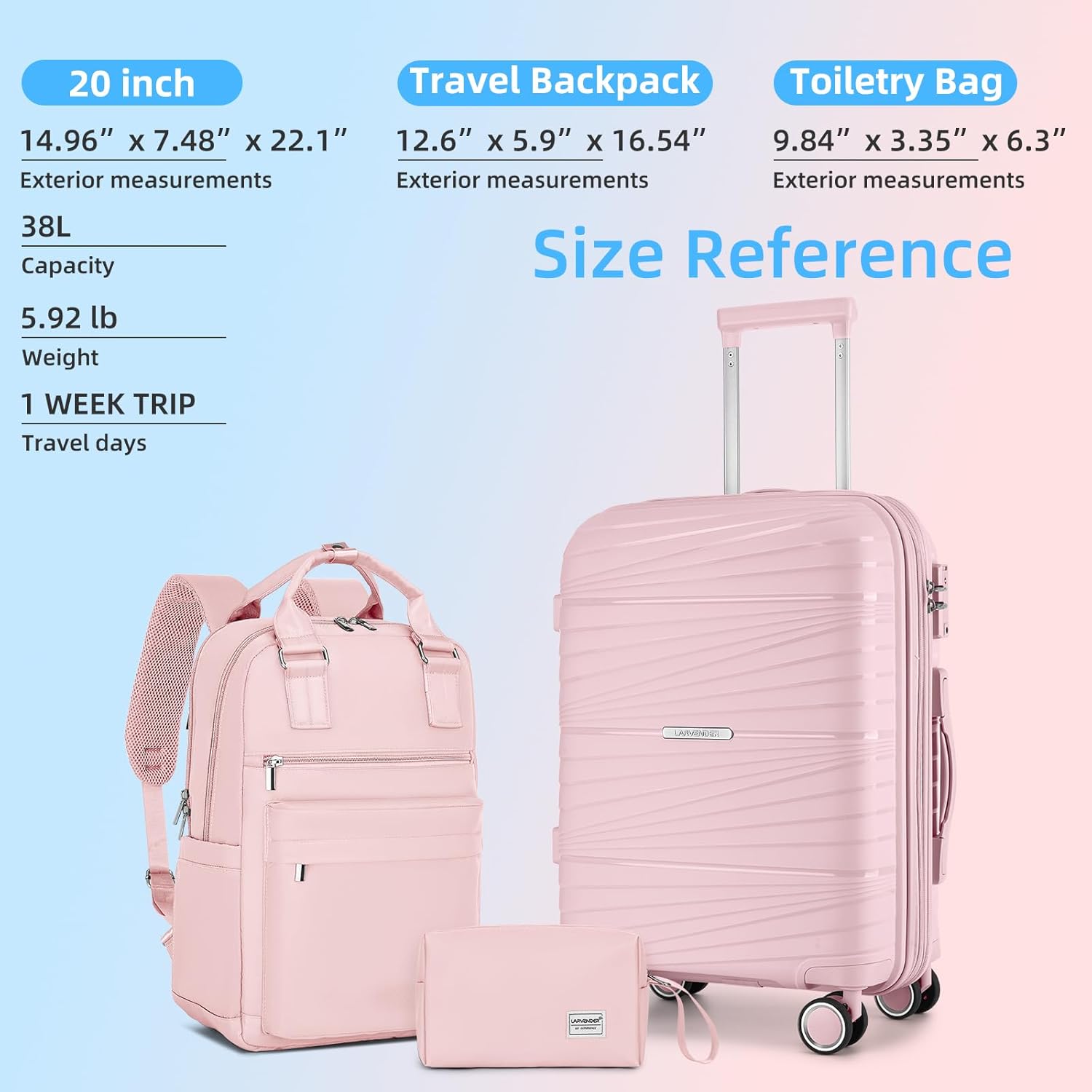 LARVENDER Luggage Sets 3 Piece, Expandable Carry On Luggage 22x14x9 Airline Approved, 20 Inch Hardshell & Lightweight PP Carry On Suitcase for Women with Spinner Wheels TSA Lock, Light Pink - Image 7