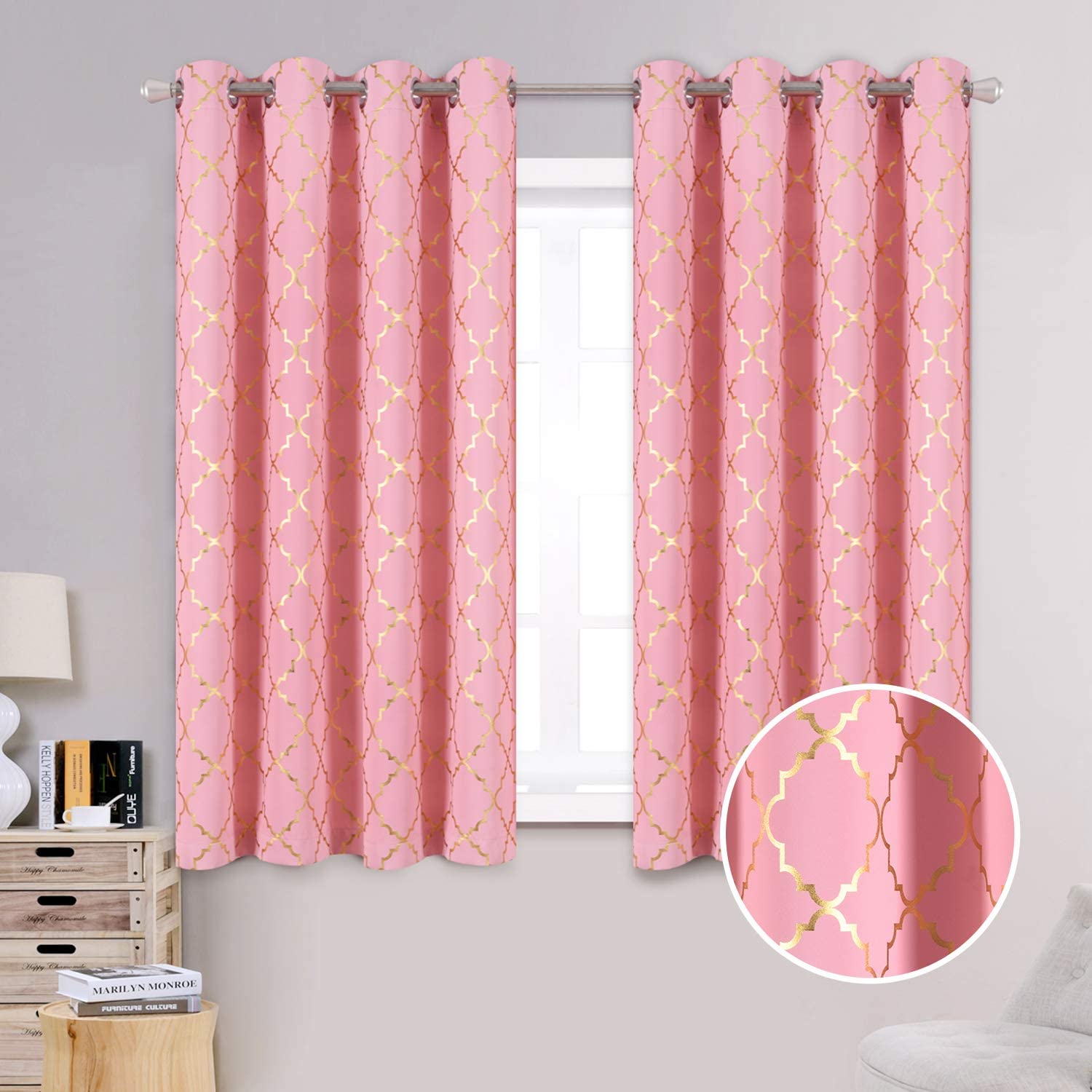 Anjee Pink Blackout Curtains 63 Inch Length 2 Panels for Girls Bedroom Living Room Darkening Small Window Drapes,Short Thermal Insulated Kitchen Curtain with Gold Moroccan Foil Pattern,52 X 63 Inches