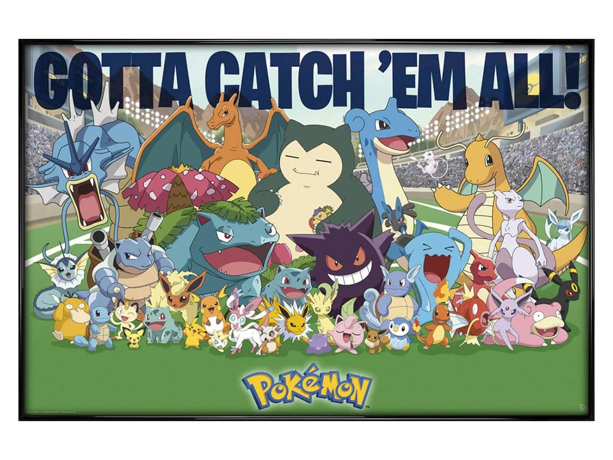 Grindstore Black Pokemon All Time Favourites Maxi Poster - Gloss Framed - Framed Poster Print, Wall Decor/Art, Home Gift Idea, For Living Room, Bedroom, Home Or Office Display