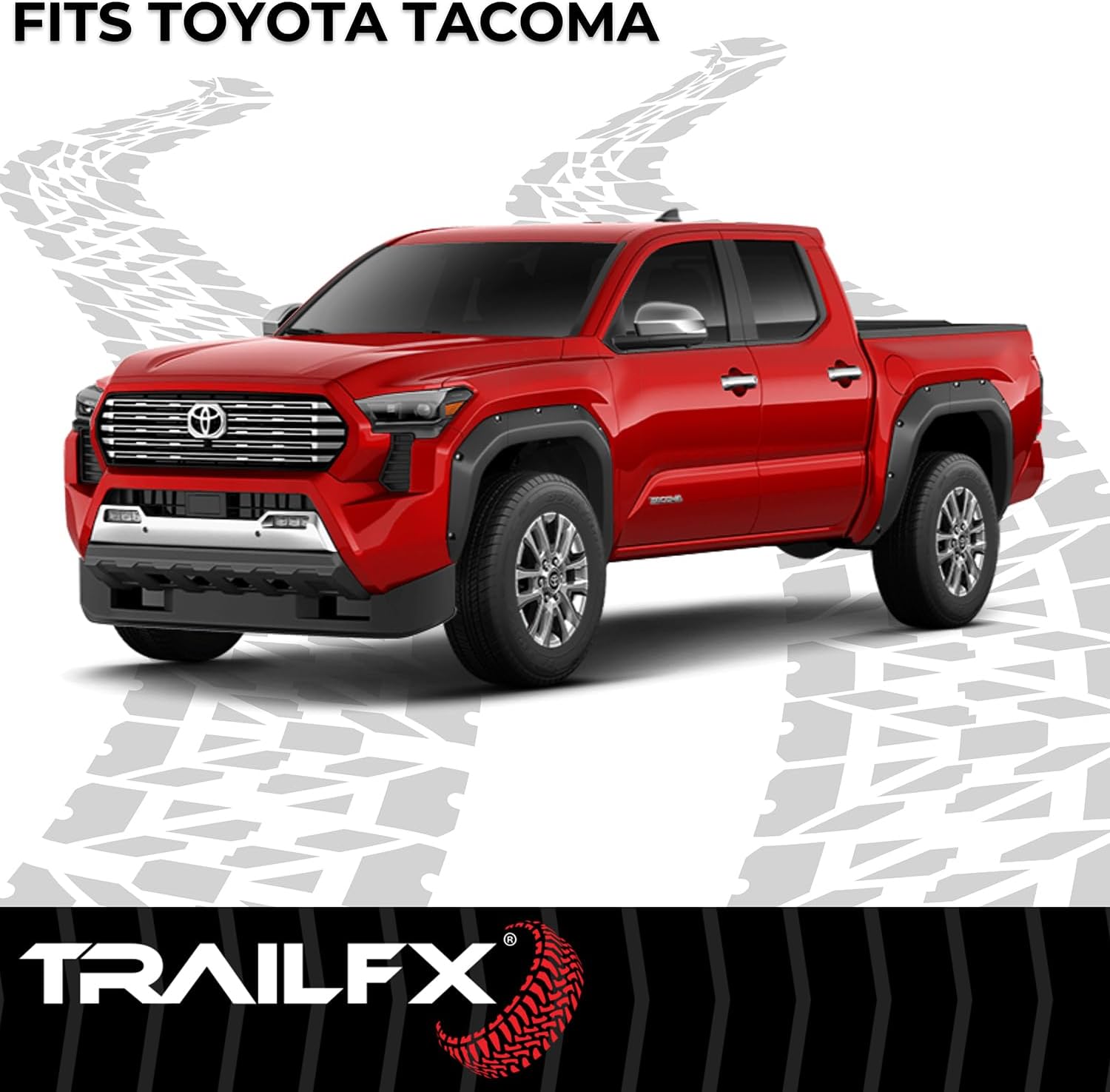 TrailFX Fender Flare TFT3005S, Pocket Style, 2.8 Inch Front/ 5.9 Inch Rear Tire Coverage, Black Smooth Paintable Finish, Set of 4, Fits 2024-2026 Toyota Tacoma