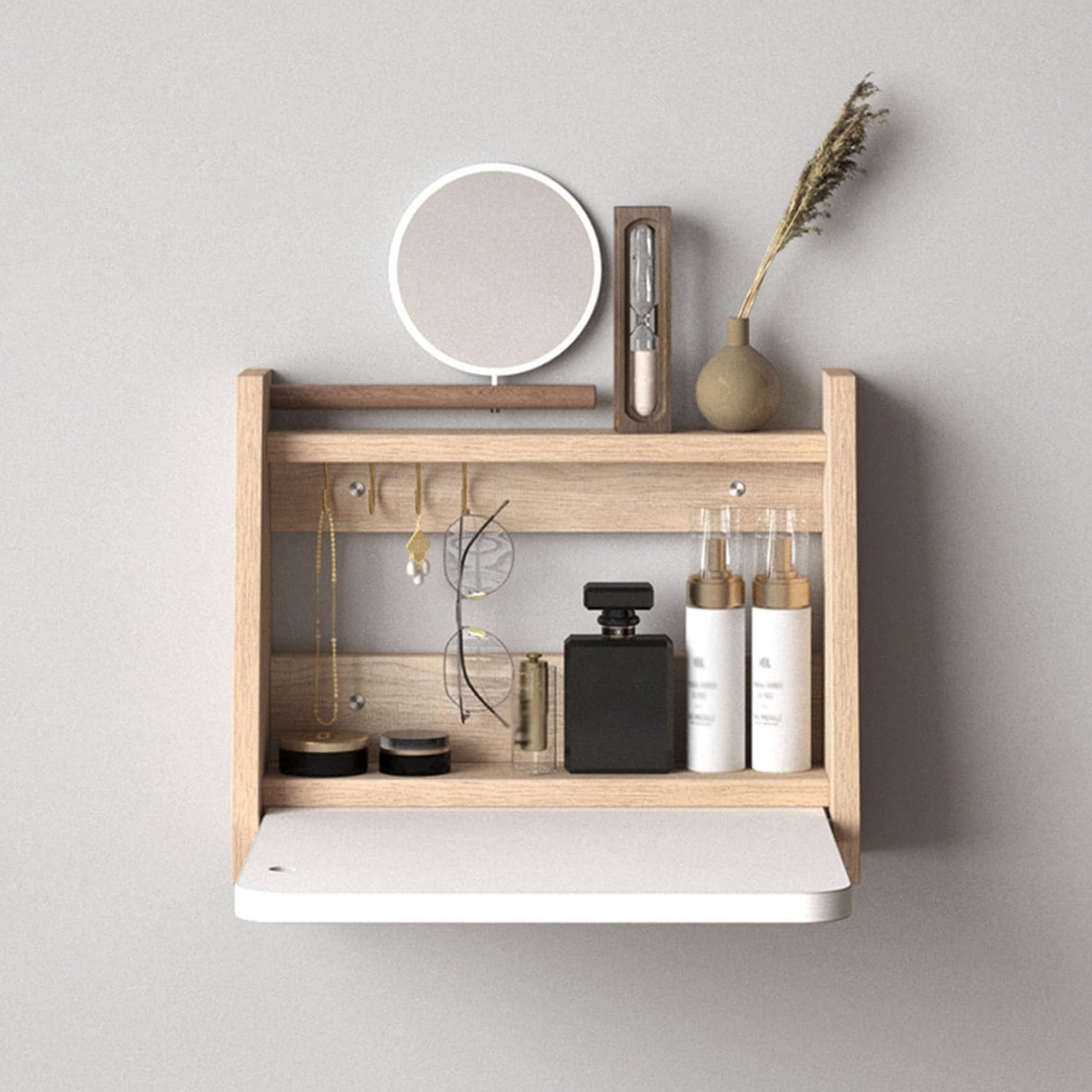 BKSXSOP Wall Mounted Floating Vanity Table with Mirror - Space Saving Makeup Desk & Wood Shelf for Bedroom/Bathroom Stylish Small Dressing (White, 40cm)