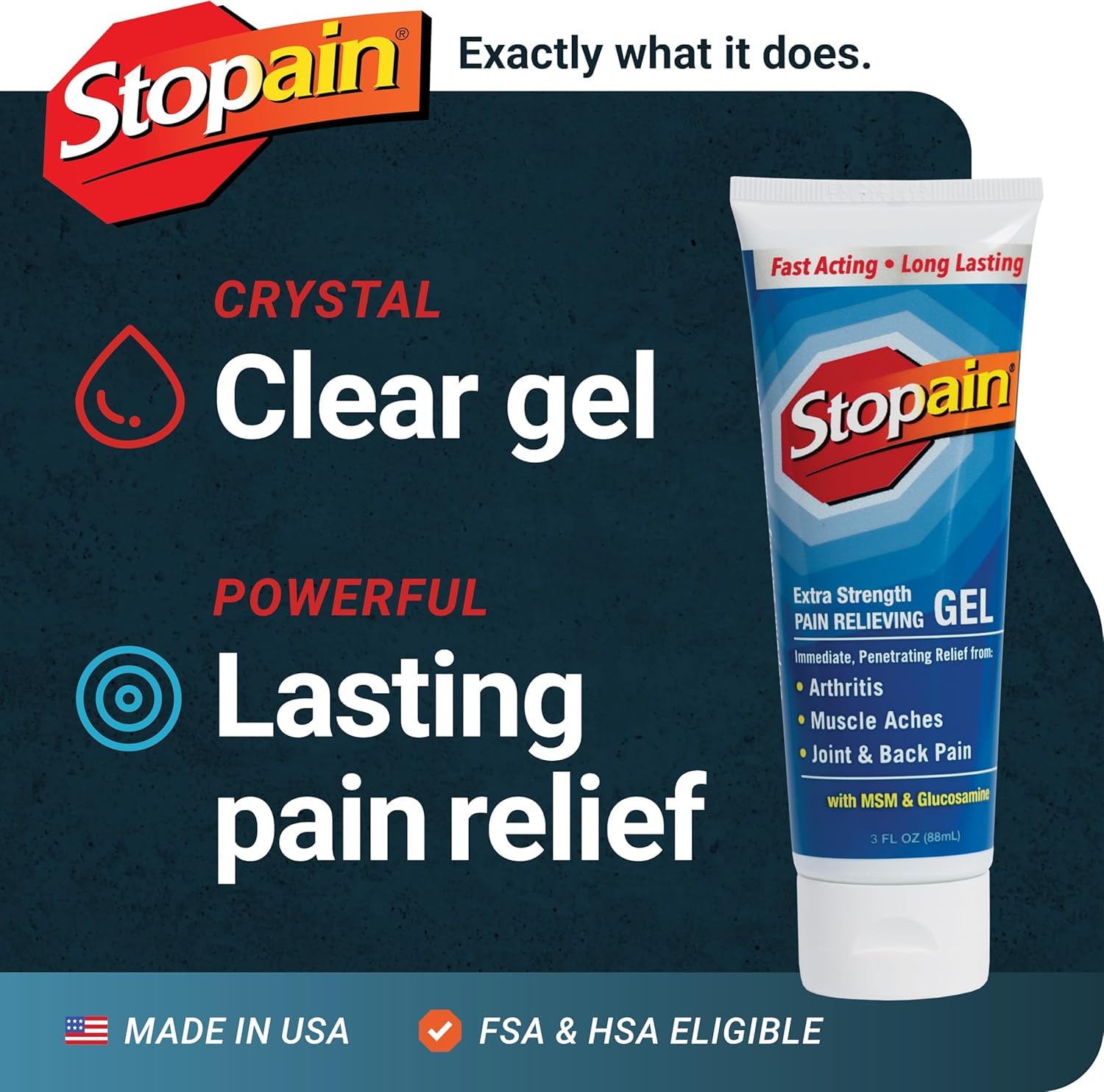 Stopain Pain Relief Gel 3oz USA Made, Max Strength Fast Acting with MSM, Glucosamine, Menthol for Arthritis, Lower Back Sciatica, Knee, Neck, HSA FSA Approved Topical Analgesic Products — Amazon image 4