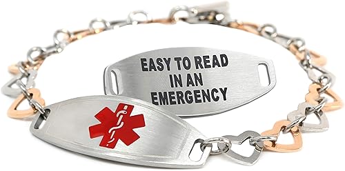Medical ID Bracelet for Women with Free Engraving, Rose Gold Tone Stainless Steel