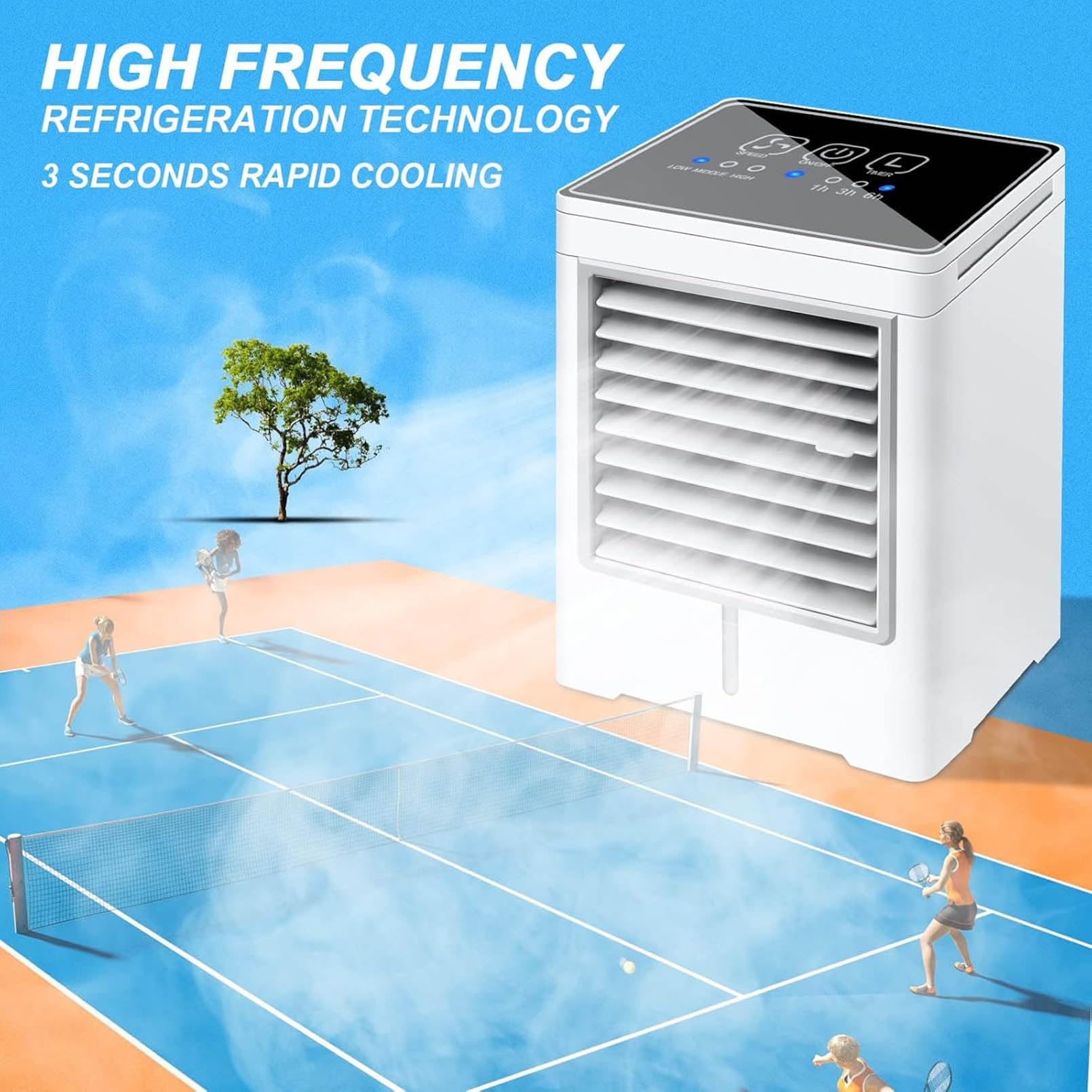 Raffrescatore evaporativo Portatile con USB, Ventilatore a 3 velocità, Touch Screen, Ideale per Ambienti Interni, Tende, Campeggio e attività all'aperto.