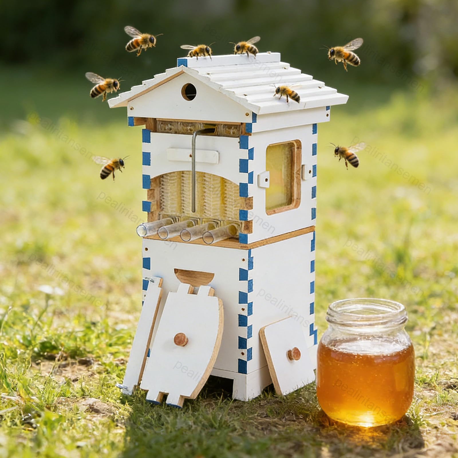 Verbesserter 2-In-1-Honigernte-Bienenstock – Bienen Halten Und Reinen Honig Ohne Werkzeug Ernten,Selbstfluss-Starterset,Mini-Holzbienenstock Mit Sichtfenster Für Den Balkon Bake-Painted