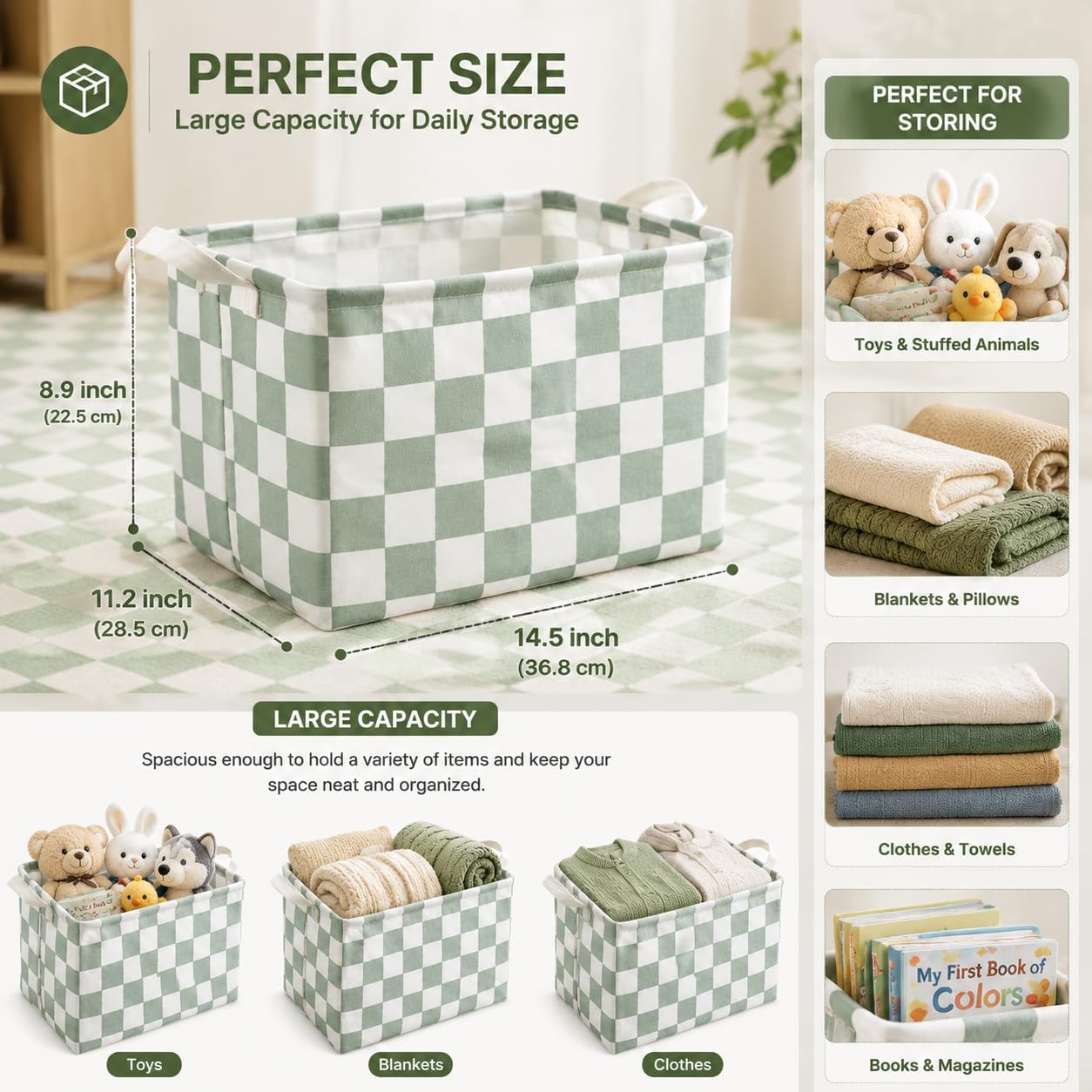 2 PACK Checkered Storage Basket, Green Canvas Organizer Bin for Baby Toys & Laundry, Cute Aesthetic Nursery Hamper, Waterproof Foldable Cube for Home/Kitchen/Shelves/Classroom image 3