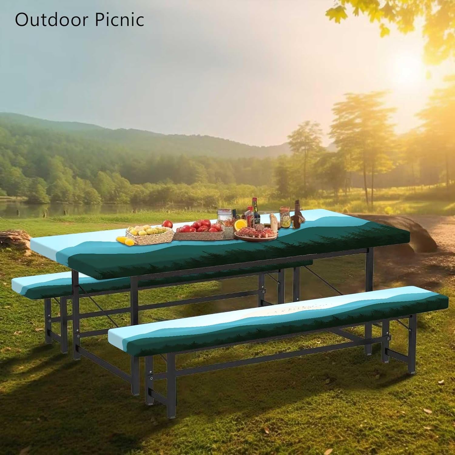 CAPSCEOLL Fitted Picnic Table Cover with Bench Covers with Elastic 8ft Waterproof Windproof Picnic Table Cloths Outdoor Camping Tablecloth with Drawstring Bag, 96X30In, Green Mountain