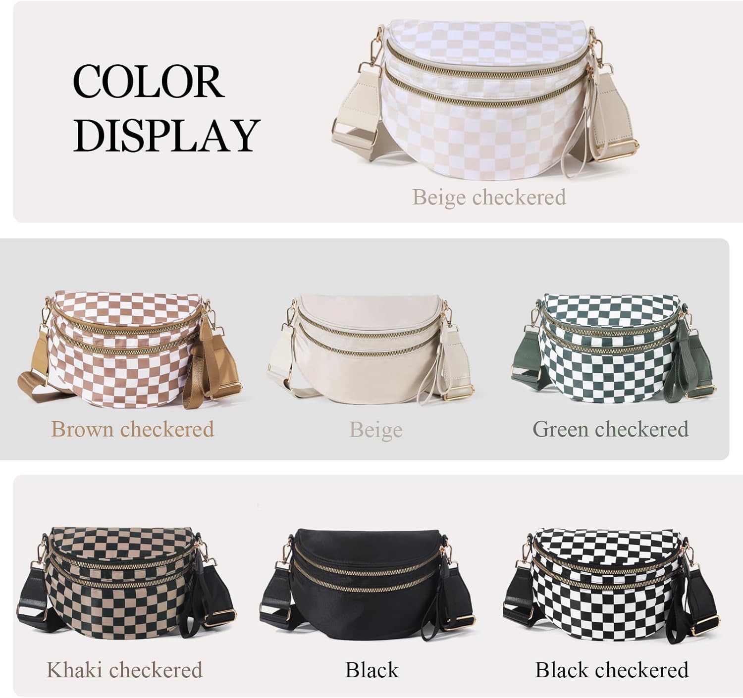 Checkered Bum Bag for Women, Roomy Crossbody Fanny Pack with Plus Size Adjustable Strap (Beige Checkered) - Image 6