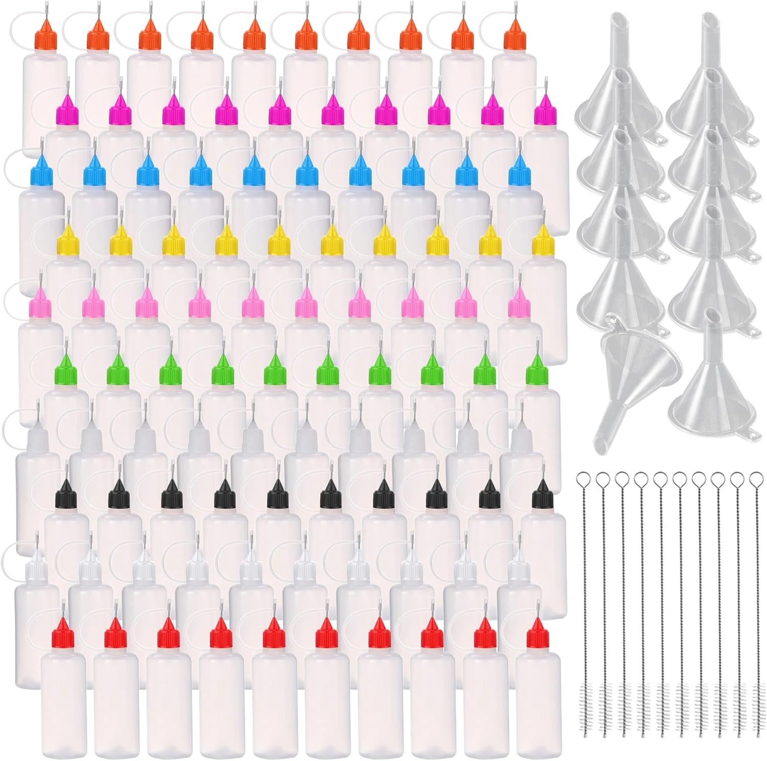 100 Pcs 10 ML Mini Needles Precision Tip Applicator,Fine Tip Applicator Bottle Glue Bottle Needle Squeeze Glue for Ink Liquid Oil DIY Crafts,Quilling Acrylic Painting,with 10 Funnel 10 Brush(10 Color)