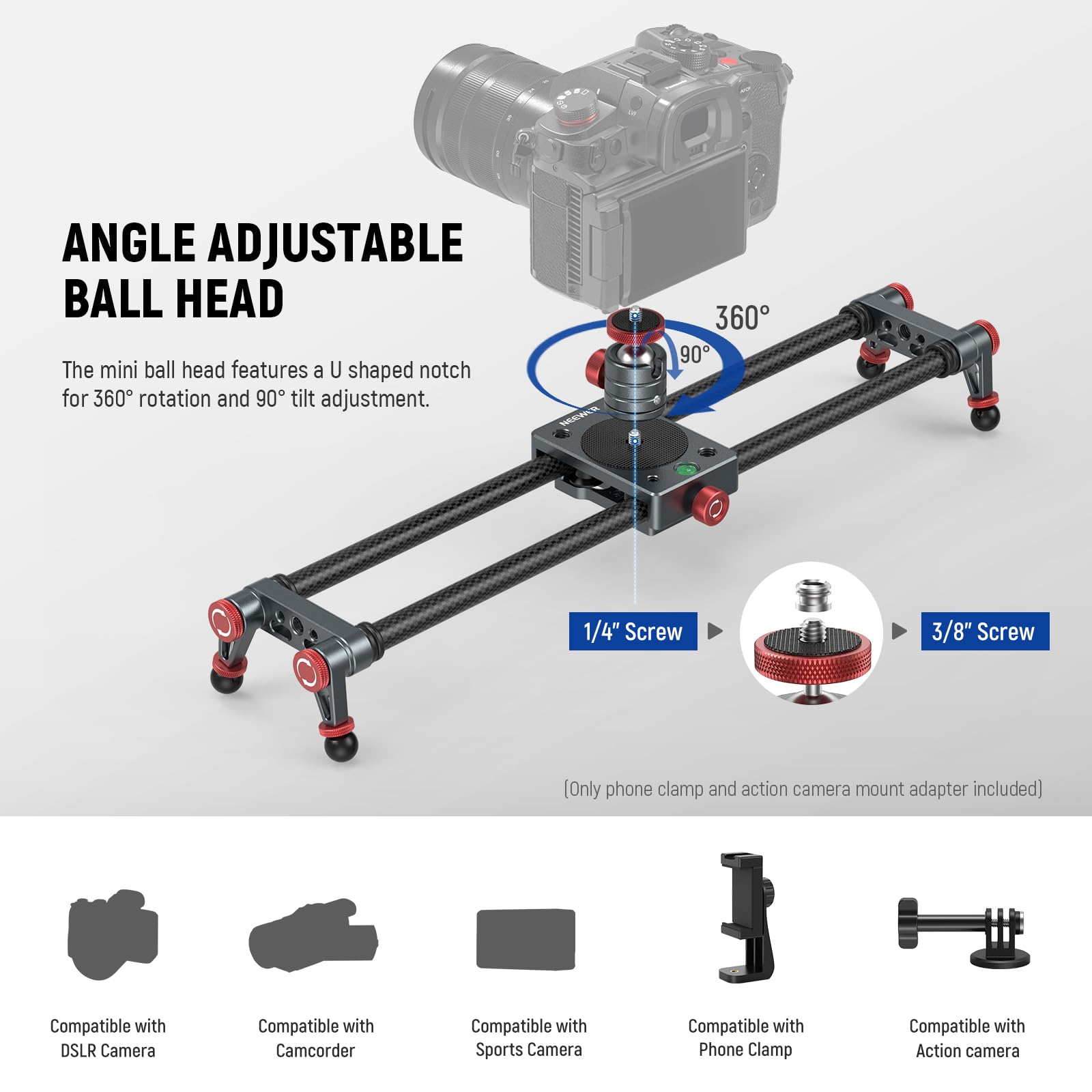 NEEWER 40cm Slider Fotocamera in Fibra Carbonio+Testa Sfera 360°/Phone Clamp/Supporto Action Cam, Carrello Dolly con 4 Cuscinetti e Gambe Regolabili, Compatibile con GoPro Insta360 iPhone Android,CS1M