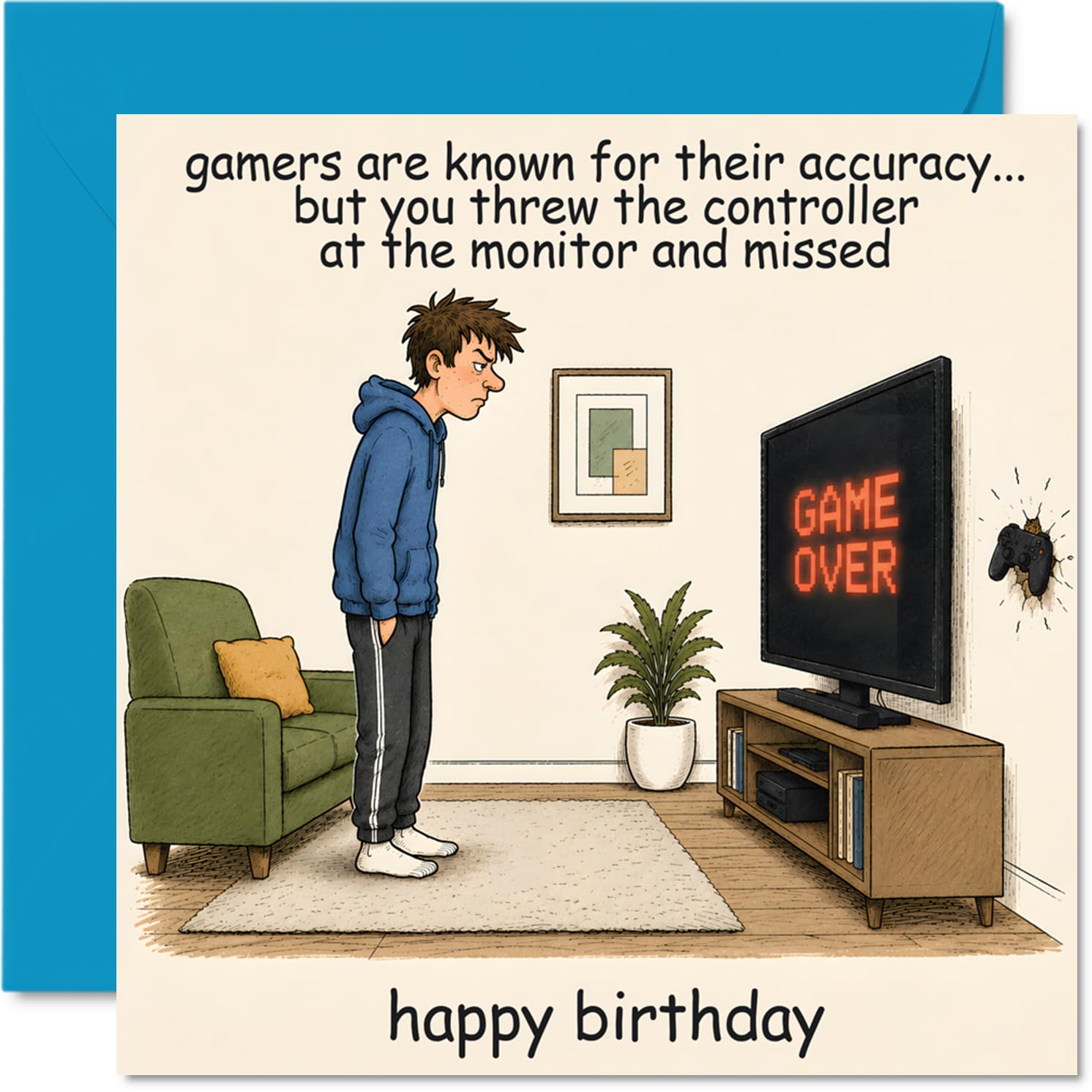 Playful Birthday Card - Epic Gaming Fail Banter - Cheeky Gamer Illustration with Controller-in-wall Scene - 145mm Square, Envelope Included