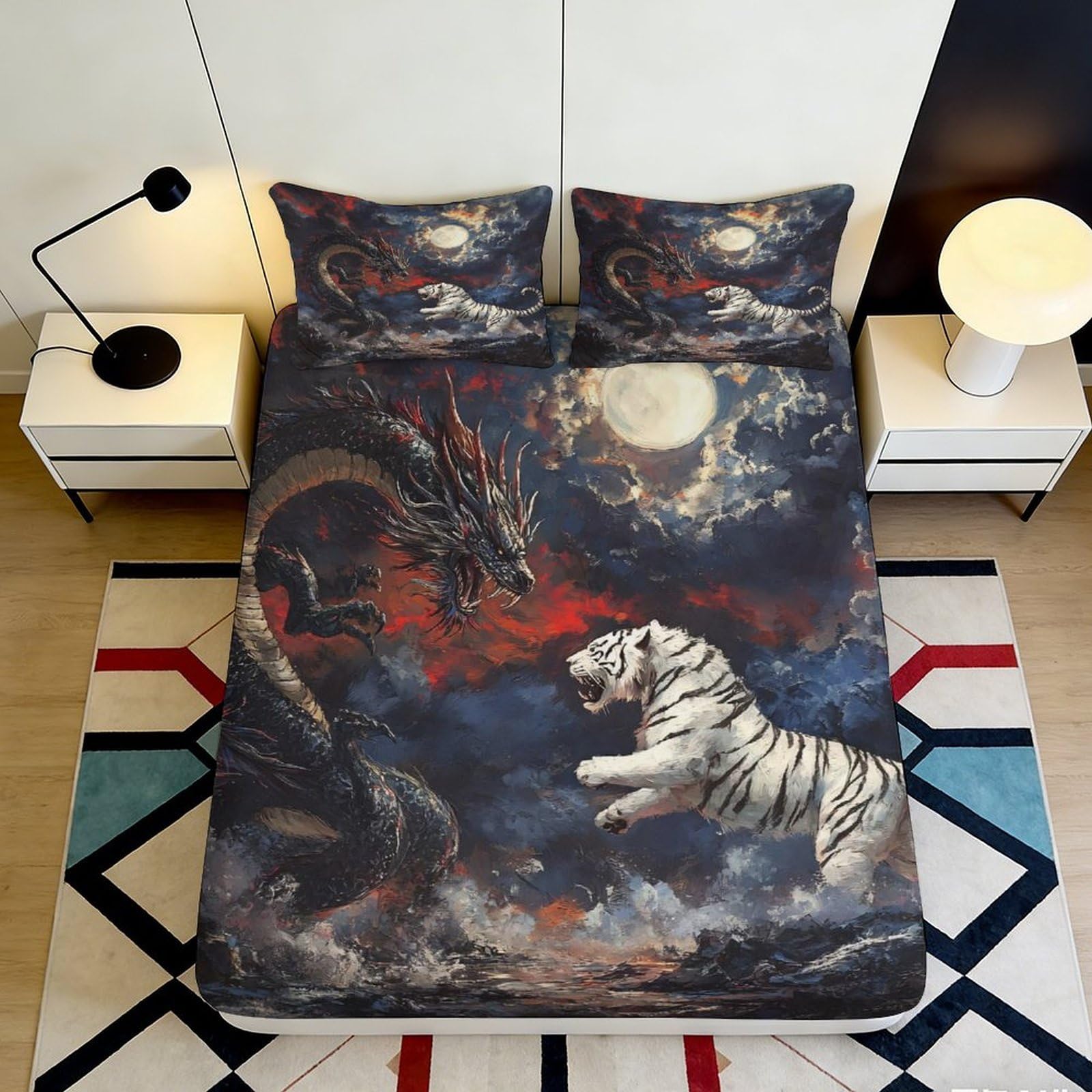 Uxinyoume Style-4 3D Printed Dragon Moon Fitted Sheet Microfiber White Tiger Bed Cover For Bedroom Dorm Mattress Decor 90X200x25cm
