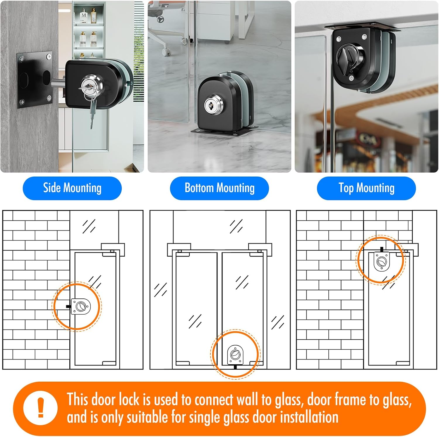 Ranbo Frameless Double-Sided Glass Door Lock,Clamp-On No-Drill,304 Stainless Steel,for 3/8"–1/2" (10–12 mm) Swing Door, for Office, Entrance, Storefront, 2 Keys, Brushed Black