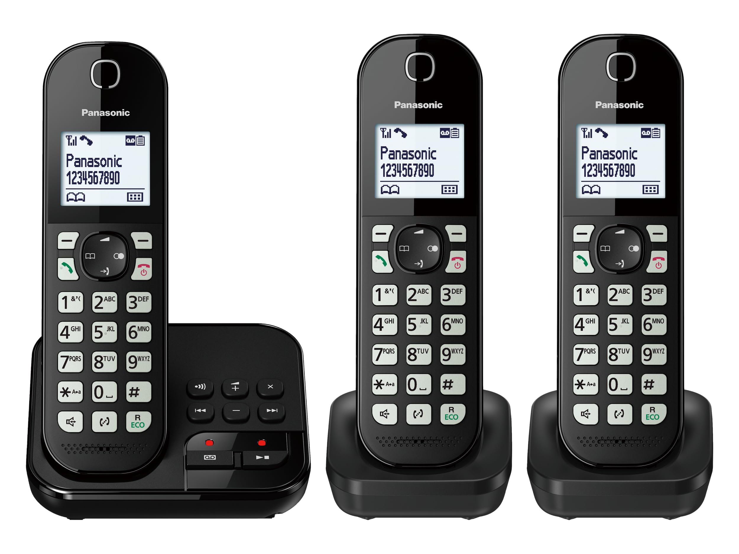 Panasonic KX-TGC463GB Digitales Schnurloses Telefon mit Anrufbeantworter, Basisstation & 3 Mobilteile, LCD-Display, große Tasten, Schwarz