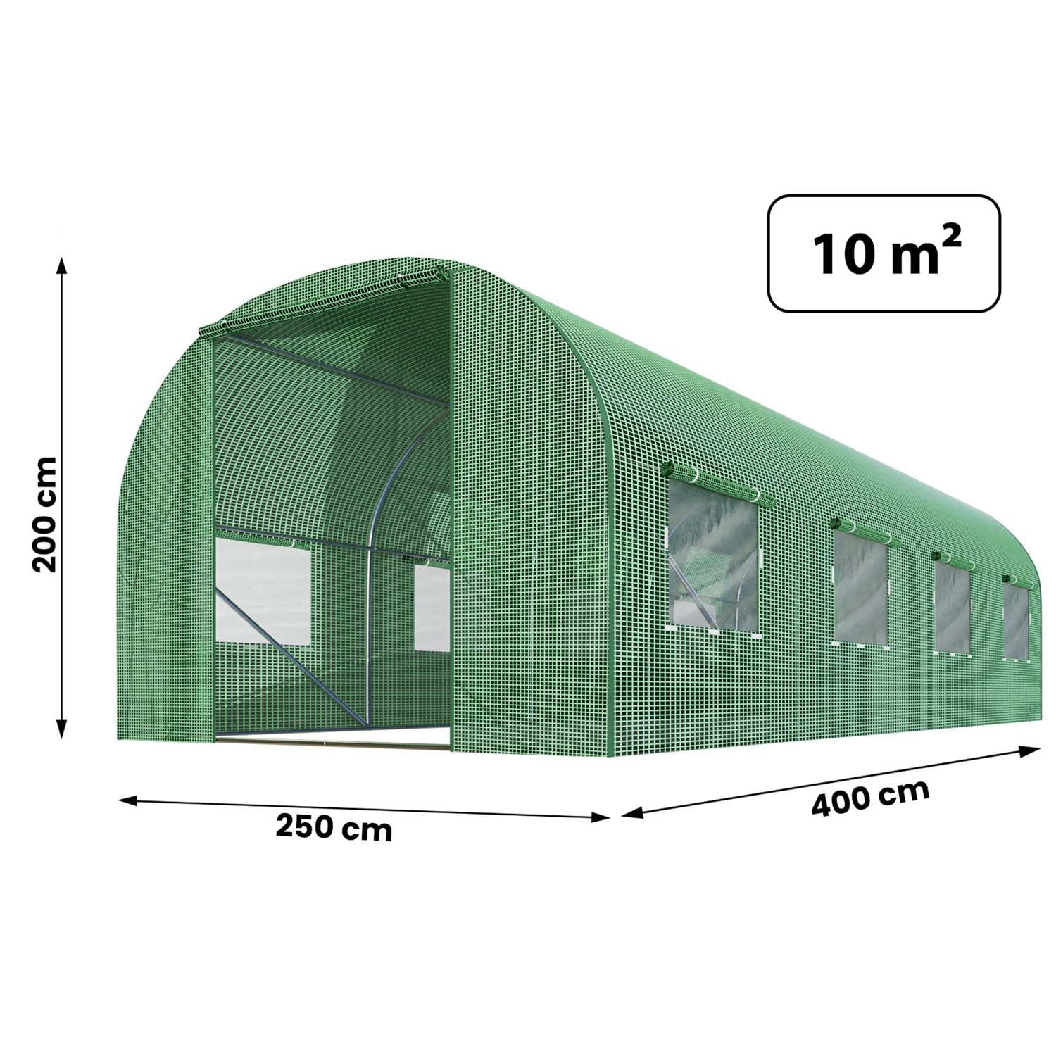 Garten-Gewächshaus Tunnel 2,5 × 4 m - 10 m² Folientunnel mit Stahlrahmen | PE-Folie 140 g/m² UV-beständig | 8 Fenster mit Moskitonetz | Pflanzenschutz | Grün