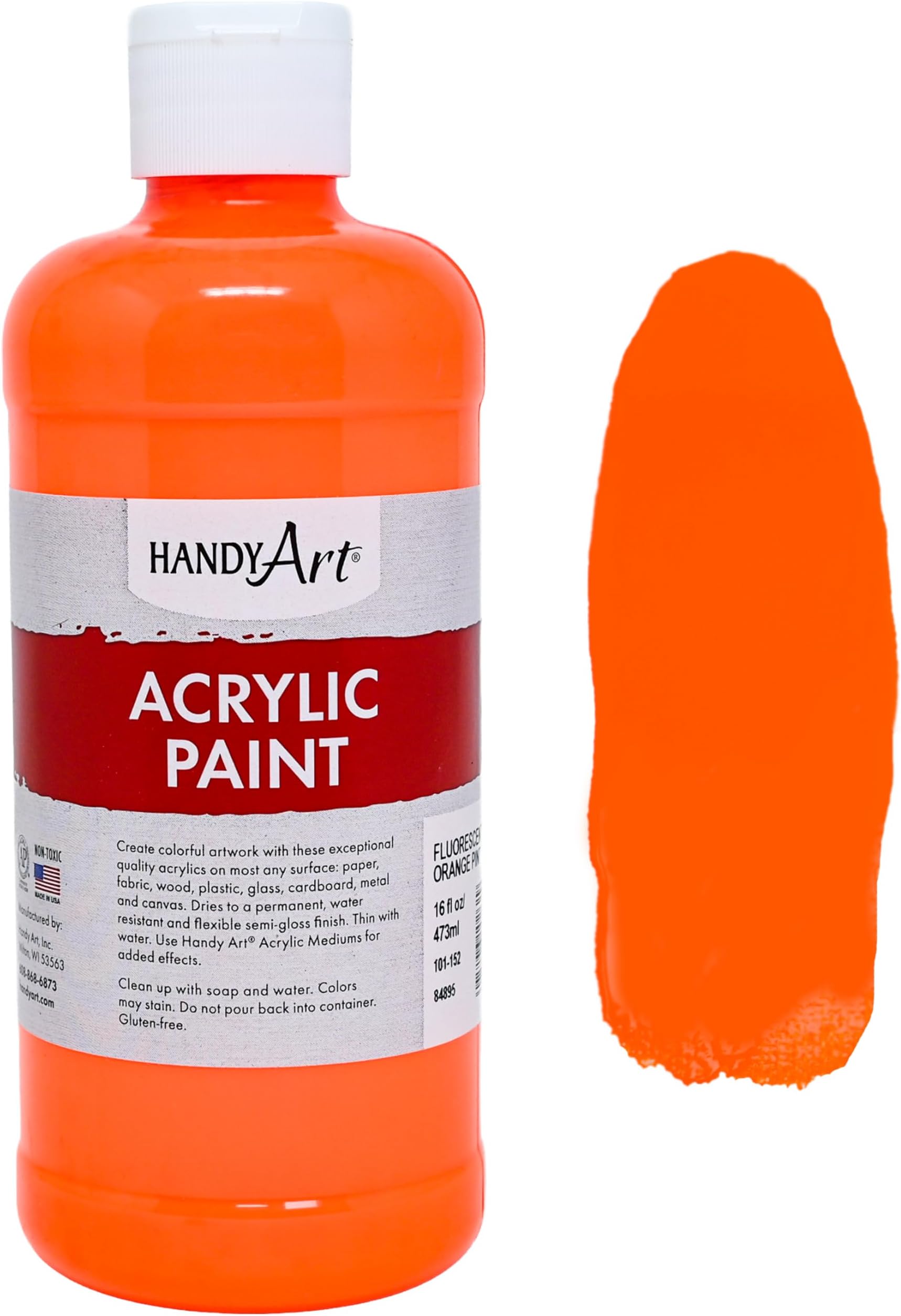 Handy Art Acrylic Paint, Fluorescent Orange, 16 oz Bottle, Glow UV Neon Under Black Light, Semi-Gloss Student Fluid Acrylic, Creamy Flow Consistency, Safe & Non-Toxic, Made in USA