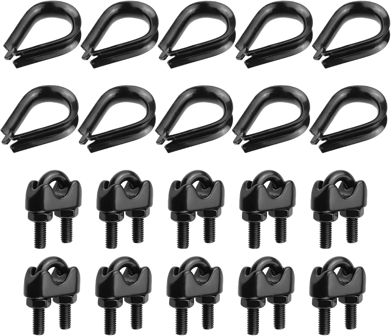 Antrader Wire Rope Clamps Clip and Stainless Steel Thimble for 1/4 Inch Wire Rope Cable Thimbles Rigging,Black(10Pcs+10Pcs)