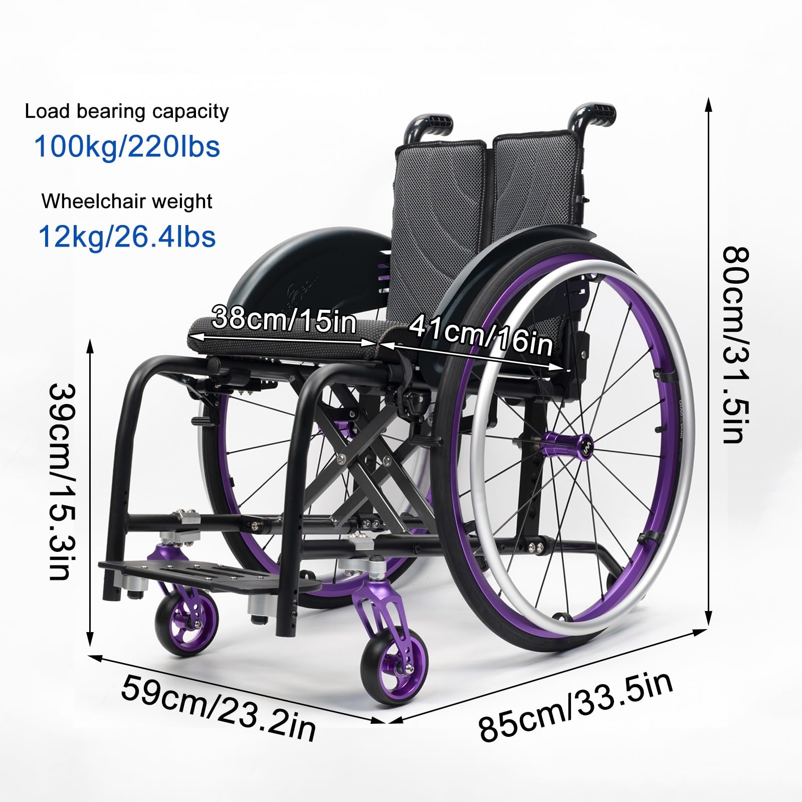 Silla de ruedas plegable ligera, silla de ruedas deportiva autopropulsada de aluminio, silla de ruedas de tránsito portátil, reposapiés desmontables(Purple,38cm/15in)