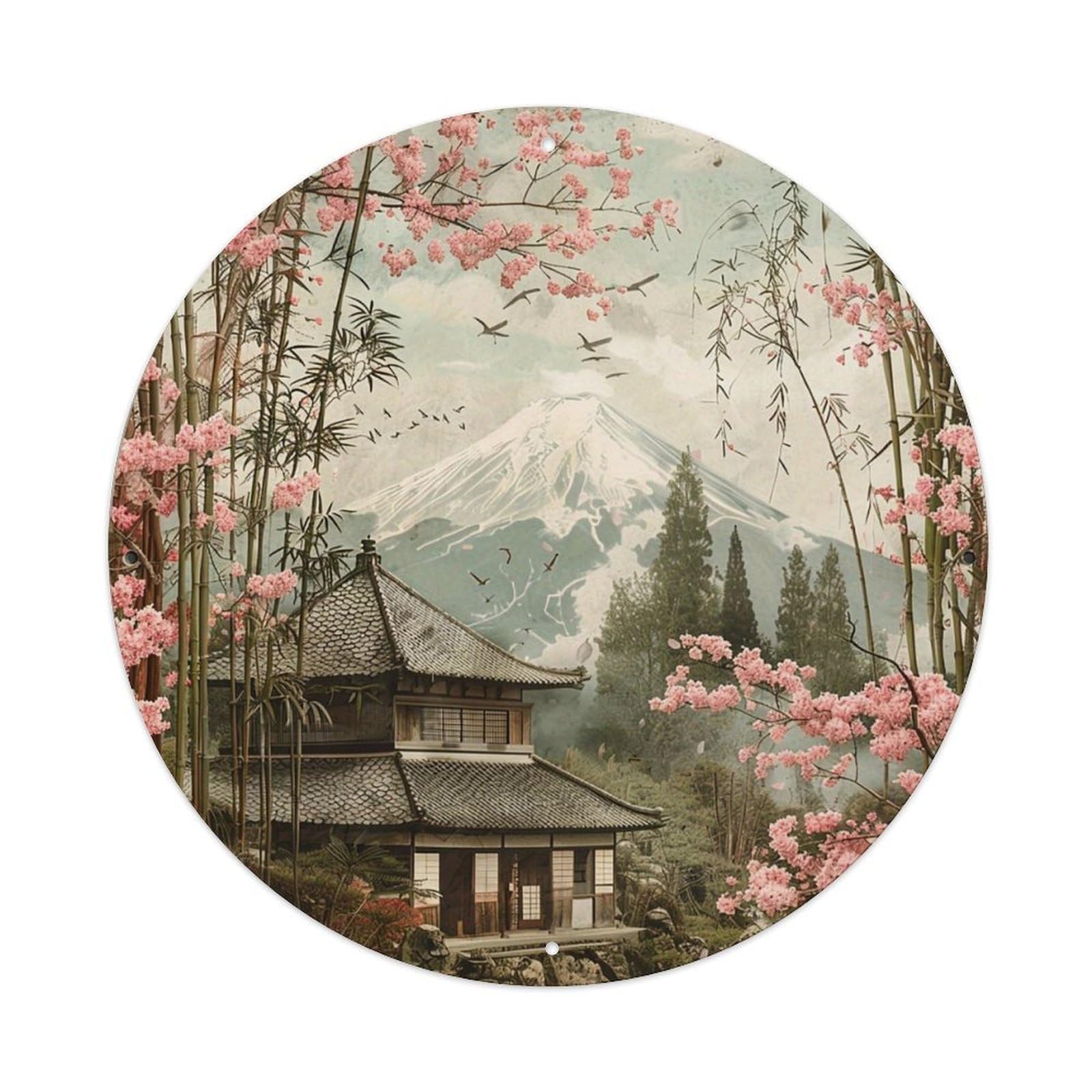 Japanese Temple Cherry Blossom Mountain Scene Vintage Metal Tin Sign Retro Wall Decor for Home Bar Garage Cafe, Indoor & Outdoor Decorative，circle Metal Poster, 8x8 Inch