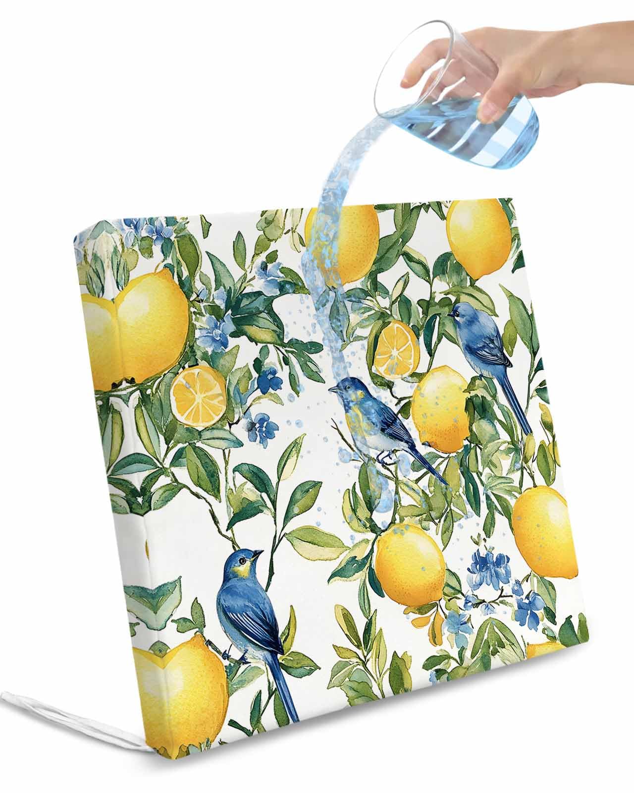 2 Pack Botanical Lemon Waterproof Cushion Covers with Ties, Outdoor Patio Chaise Lounge Chair Seat Cushion Slip Covers Replacement(Only Cover) Watercolor Blue Birds Green Leaves 20