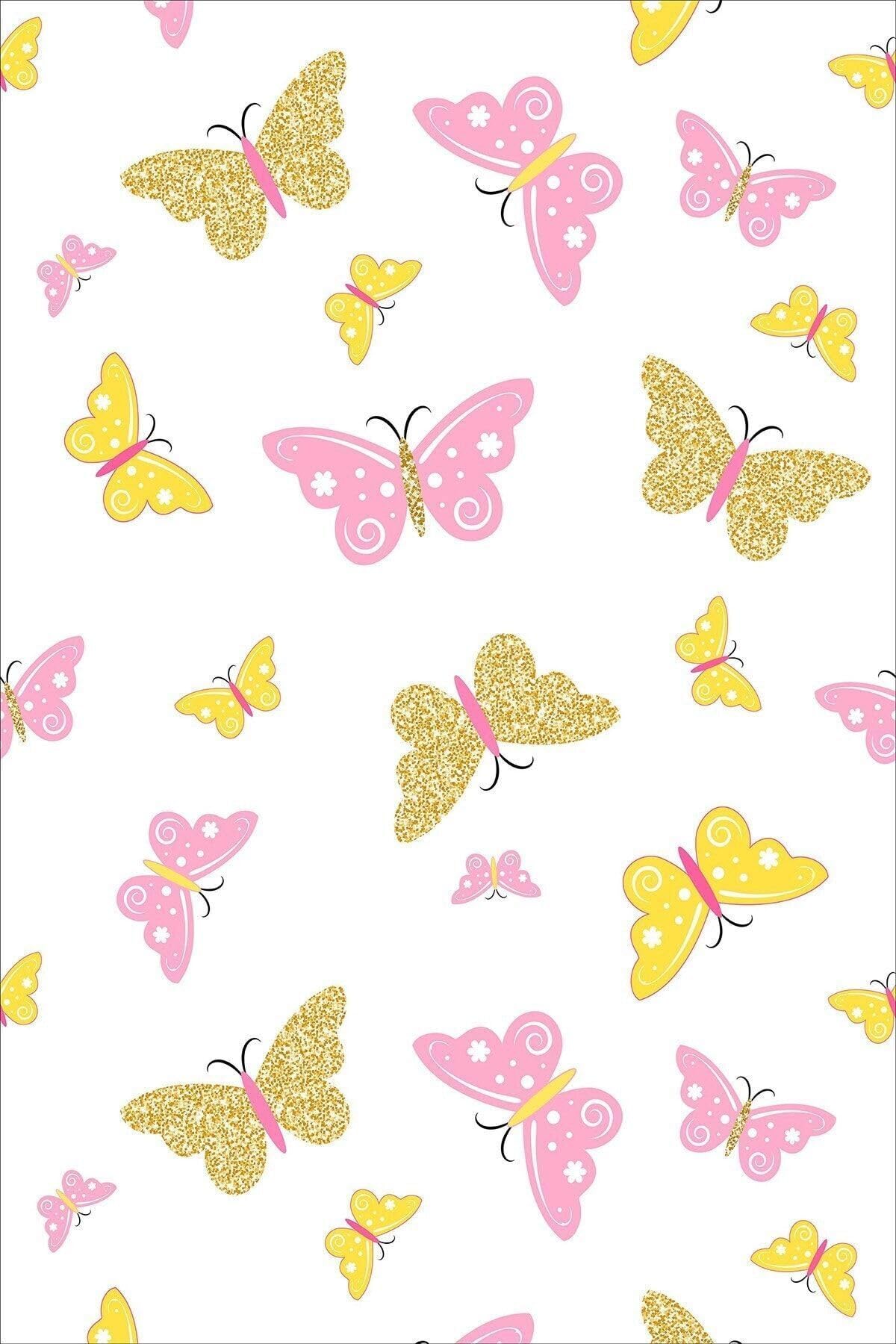 Pelangi Kelebek Şeklinde Kelebek Desenli Dijital Baskı Yıkanabilir Kaydırmaz Leke Tutmaz Çocuk Odası Halısı, Pembe-Beyaz 180 x 280