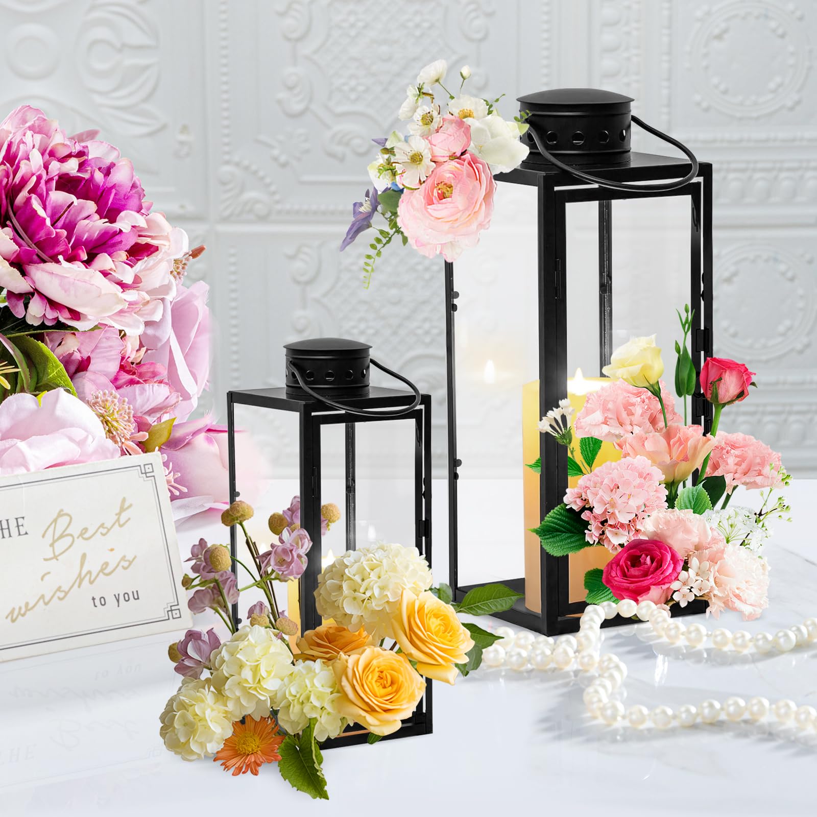 Lot de 2 Lanternes pour Bougies (24 + 35 cm de Haut) - Lanternes de Jardin en métal pour l'extérieur - Grand photophore - Lanterne funéraire - Lanterne en Verre - Décoration de Noël - Noir