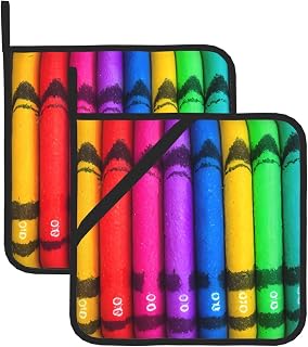 Colored Crayons Pattern Square Insulated Pot Mat 2 Pieces Featuring a Convenient Side Hanging Rope for Easy Storage