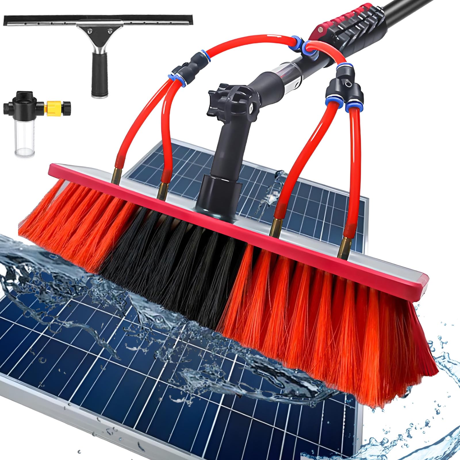 Genérico Cepillo para Ventanas, Mango telescópico con alimentación de Agua de 3,6 a 10,8 m, Limpiador de Paneles solares, con escobilla de Goma, dispensador de jabón y Manguera de 20 m, par