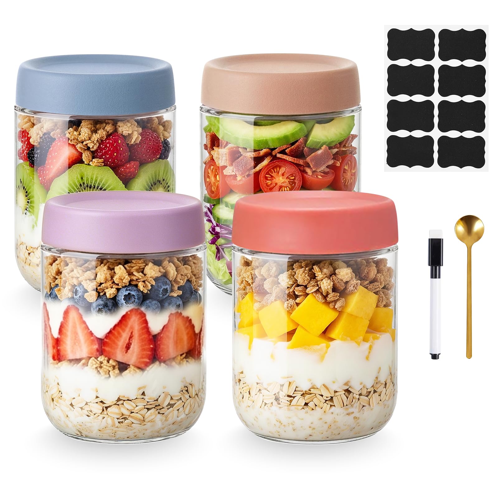 Bayseun Overnight Oats Jars, 4 Pack 500ml/16oz Glass Jar with Screw Lid Leakproof Overnight Oatmeal Container, Salad Jars, Yogurt Pot, for Homemade Cereals Milk Fruit Condiment Dressing (C)