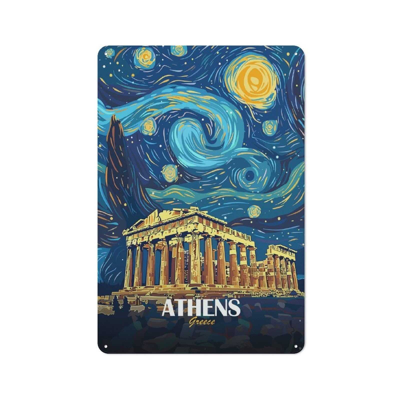Junmoney Style-6 Vintage Athens Greece Starry Night Art Vintage Metal Sign 30X20cm, Restaurant Wall Art For Takeaway, Bar, Kitchen Or Counter Area