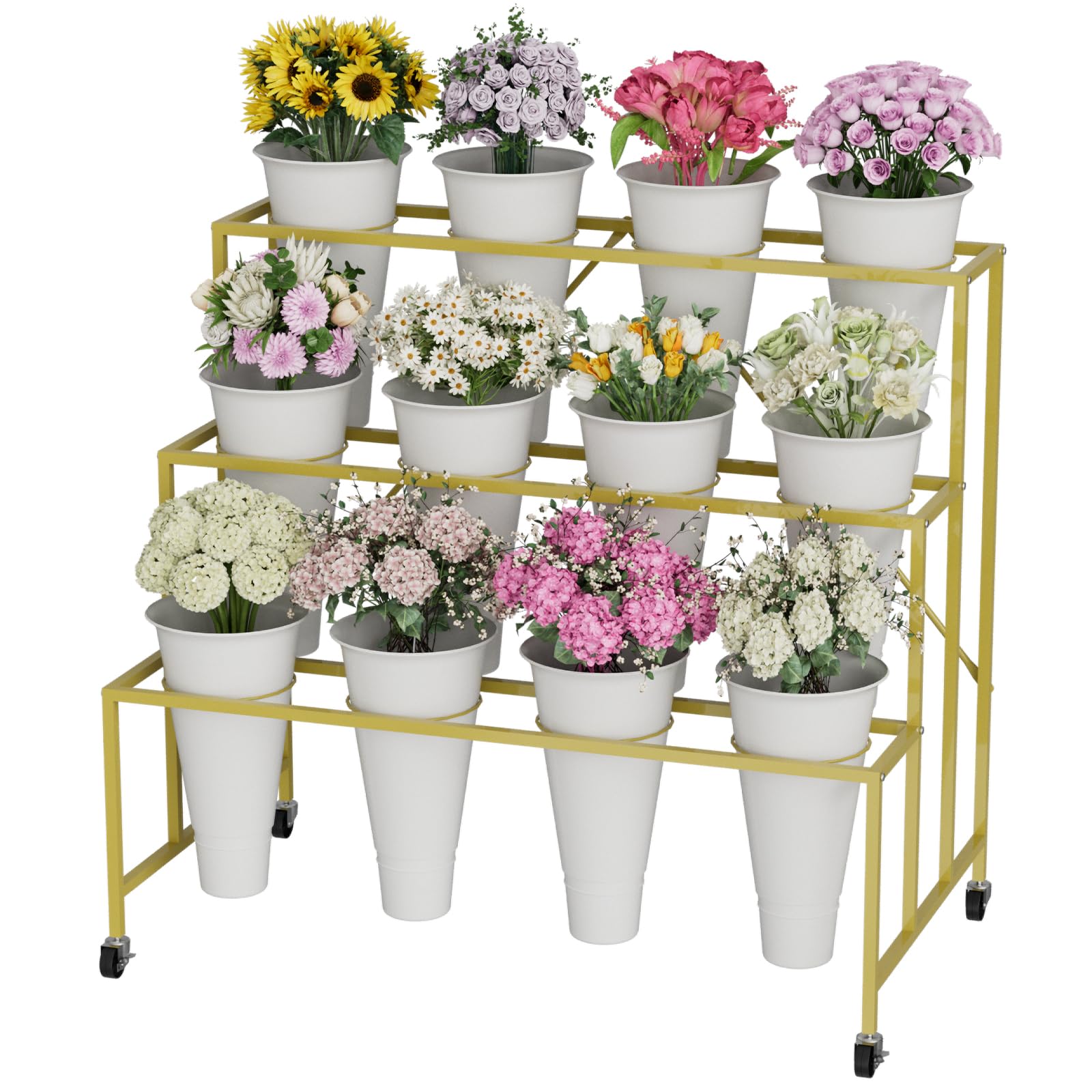 Photo 1 of NEYCIL Flower Stand, 3-Tier Flower Display Stand with Buckets for Indoor Outdoor, Flower Cart Display Stand with Wheels for Courtyard, Balcony, Flower Shop, Wedding, Party, Exhibition (Gold)