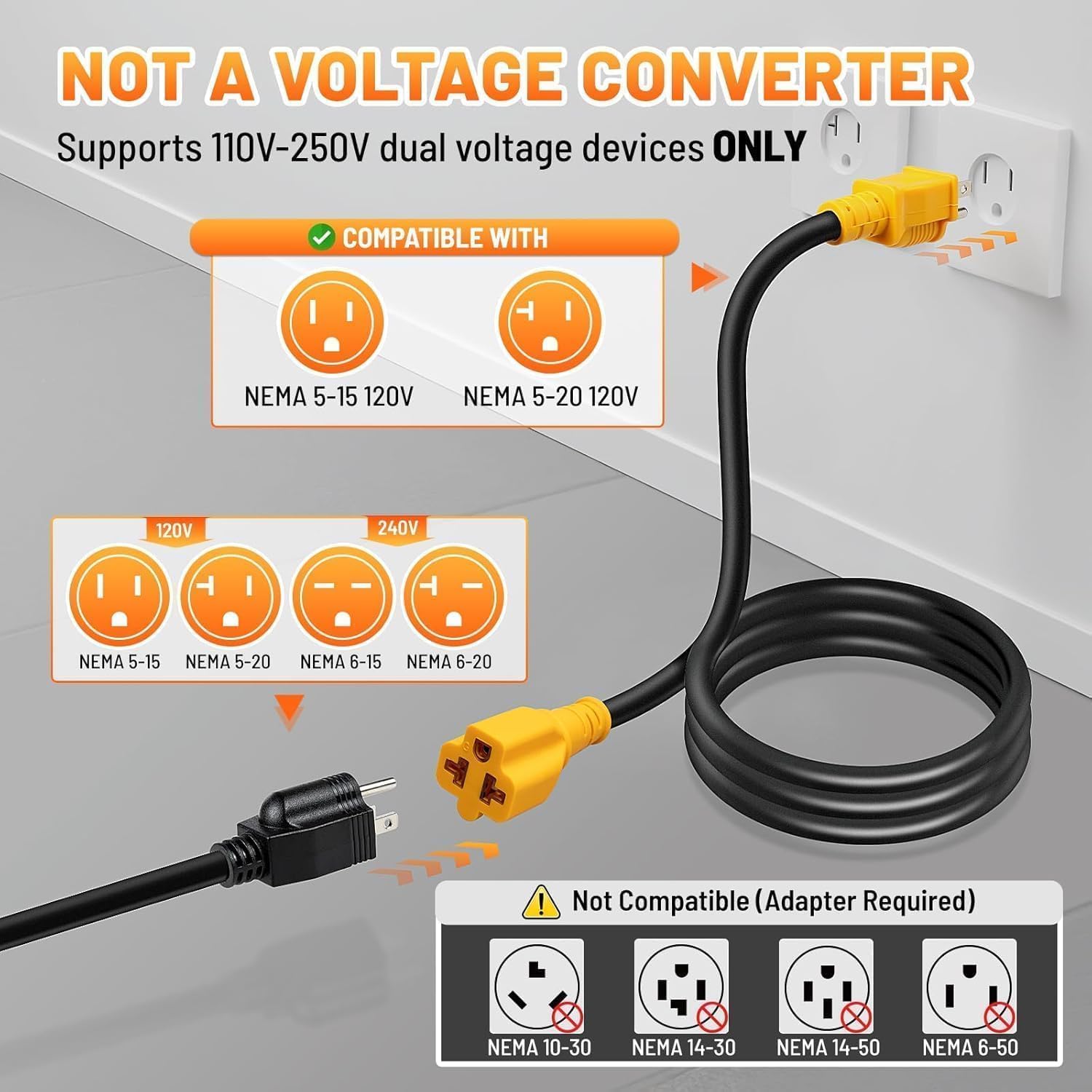 MECMO 10ft 15 Amp Household to 20 Amp AC Power Adapter Waterproof Cable 12AWG SJTW [4 in 1] NEMA 5-15P to 5-15R 5-20R 6-15R 6-20R T Blade Adaptor, 15A 125V to 20A 250V, 15Amp to 20Amp Extension Cord